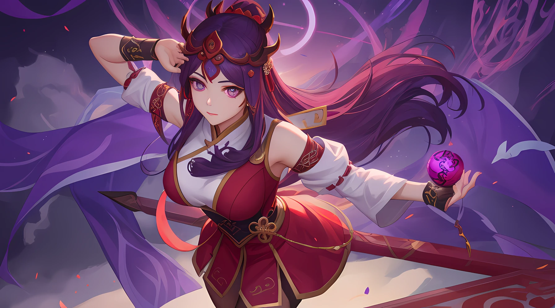 a close up of a woman in a red dress with a purple hair, irelia, kda, yun ling, inspired by Pu Hua, style league of legends, inspired by Yi Yuanji, inspired by Li Mei-shu, range murata and artgerm, league of legends character, inspired by Cao Buxing, inspired by Ju Lian,beauty face, datiled purple eyes, staring at me