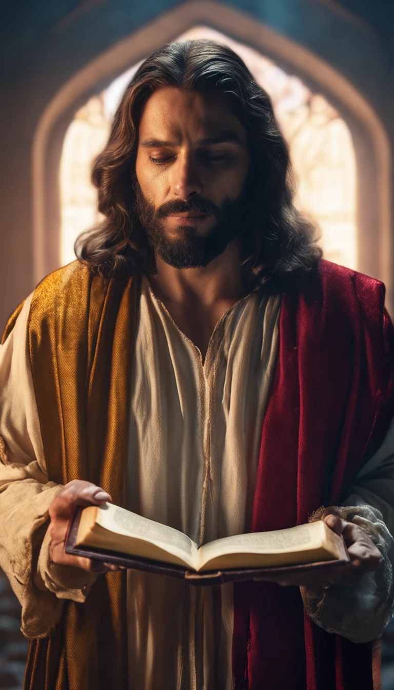 (alta qualidade: 1.3), Cinematic Still Shot, obra-prima, (foco nítido: 1.5), (fotorrealista: 1.3), medium portrait of (Jesus holding a HOLY BIBLE IN A FLASHY SETTING), fundo detalhado, clear lighting, twilight lighting, volumeric lighting, detalhes complexos, UHD, anjos ao fundo