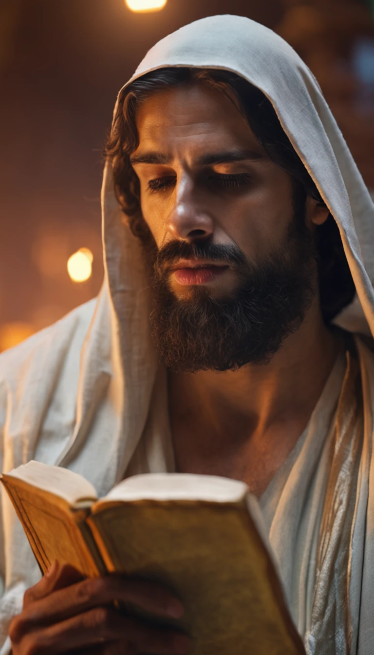(alta qualidade: 1.3), Cinematic Still Shot, obra-prima, (foco nítido: 1.5), (fotorrealista: 1.3), medium portrait of (Jesus holding a HOLY BIBLE IN A FLASHY SETTING), fundo detalhado, clear lighting, twilight lighting, volumeric lighting, detalhes complexos, UHD, anjos ao fundo