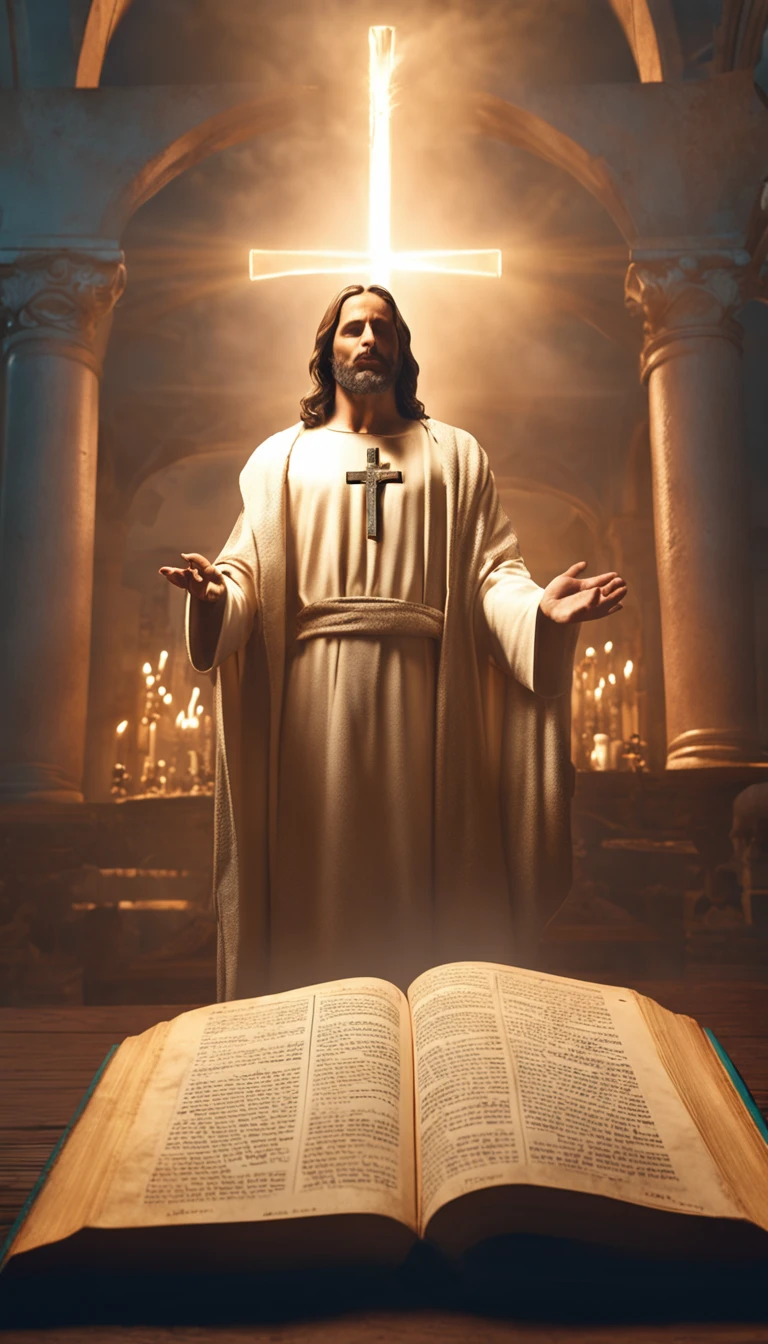 (alta qualidade: 1.3), Cinematic Still Shot, obra-prima, (foco nítido: 1.5), (fotorrealista: 1.3), medium portrait of (Jesus holding a HOLY BIBLE IN A FLASHY SETTING), fundo detalhado, clear lighting, twilight lighting, volumeric lighting, detalhes complexos, UHD, anjos ao fundo