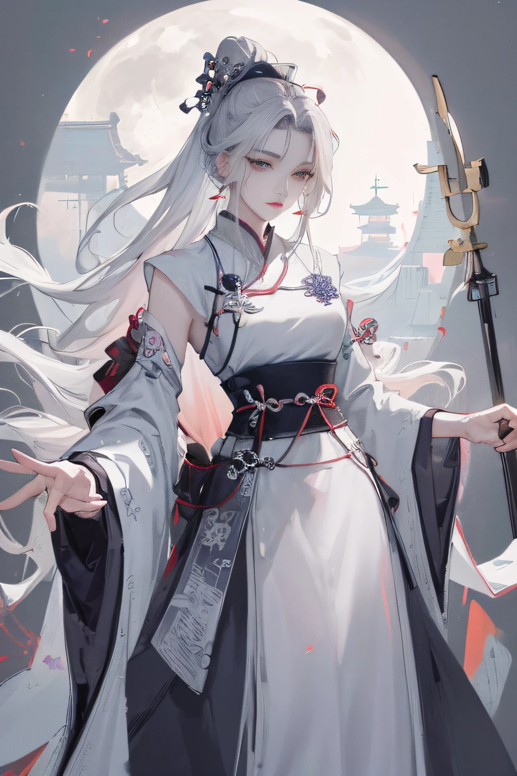 Masterpiece, Best, Night, Full Moon, 1 Female, Mature Woman, Chinese Style, Ancient China, Elder Sister, Royal Sister, Cold Face, Expressionless, Silver White Long Haired Woman, Pale Pink Lips, Calm, Intellectual, Three Belts, Gray Hitomi, assassin, dagger, flower ball background, street view