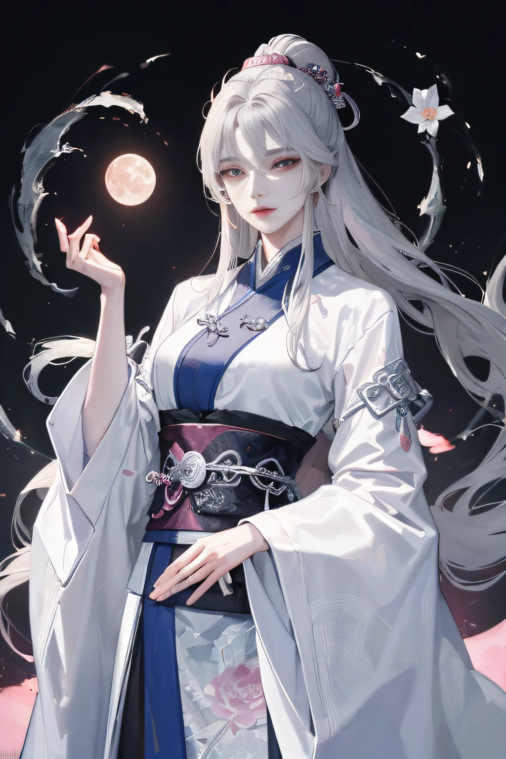 Masterpiece, Best, Night, Full Moon, 1 Female, Mature Woman, Chinese Style, Ancient China, Elder Sister, Royal Sister, Cold Face, Expressionless, Silver White Long Haired Woman, Pale Pink Lips, Calm, Intellectual, Three Belts, Gray Hitomi, assassin, dagger, flower ball background, street view
