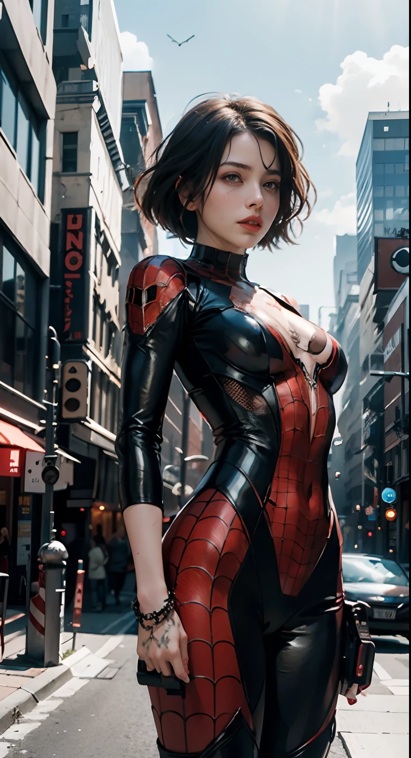 (1girl:1.3), solo, __body-parts__, official art, unified 8k wallpaper, super detailed, beautiful and aesthetic, beautiful, masterpiece, best quality, raw, masterpiece, super fine photo, best quality, super high resolution, photorealistic realism, sunlight, full body portrait, amazing beauty,, dynamic pose, delicate face, vibrant eyes, (from the front), she is wearing a Spider-man suit, red and black color scheme, spider, very detailed abandoned warehouse background, Detailed face, detailed complex busy background, messy, gorgeous, milky white, highly detailed skin, realistic skin details, visible pores, sharp focus, volumetric fog, 8k uhd, DSLR, high quality, film grain, fair skin, photo realism, lomography, huge metropolis in future dystopia, seen from below, translucent