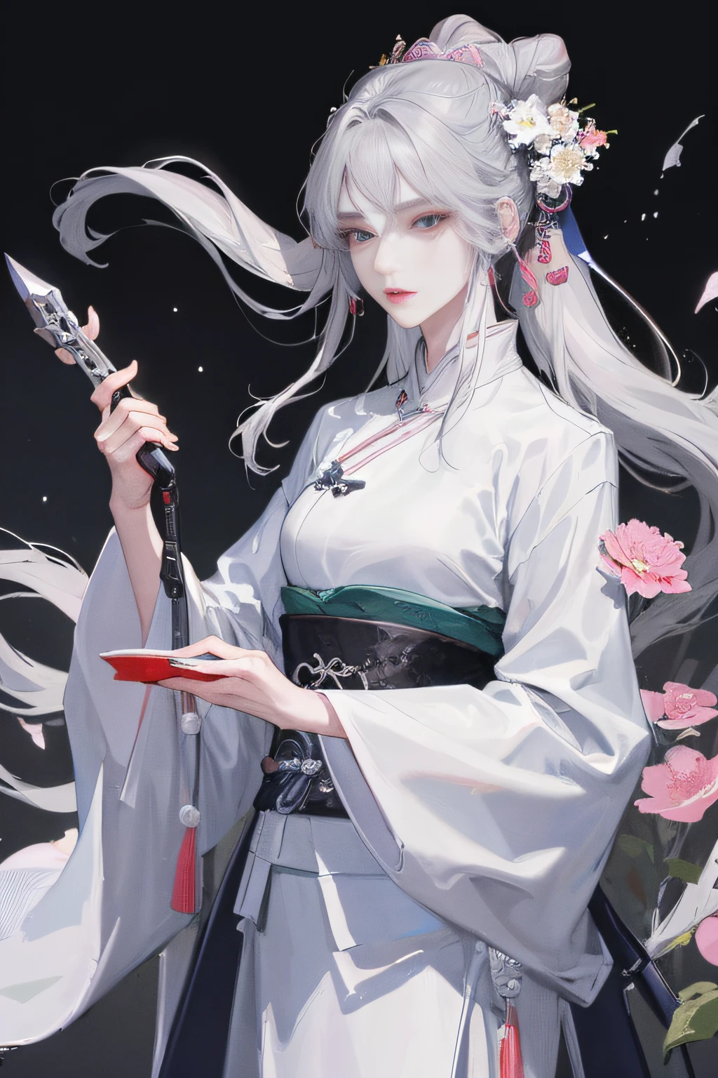 Masterpiece, Best, Night, Full Moon, 1 Female, Mature Woman, Chinese Style, Ancient China, Elder Sister, Royal Sister, Cold Face, Expressionless, Silver White Long Haired Woman, Pale Pink Lips, Calm, Intellectual, Three Belts, Gray Hitomi, assassin, dagger, flower ball background, street view