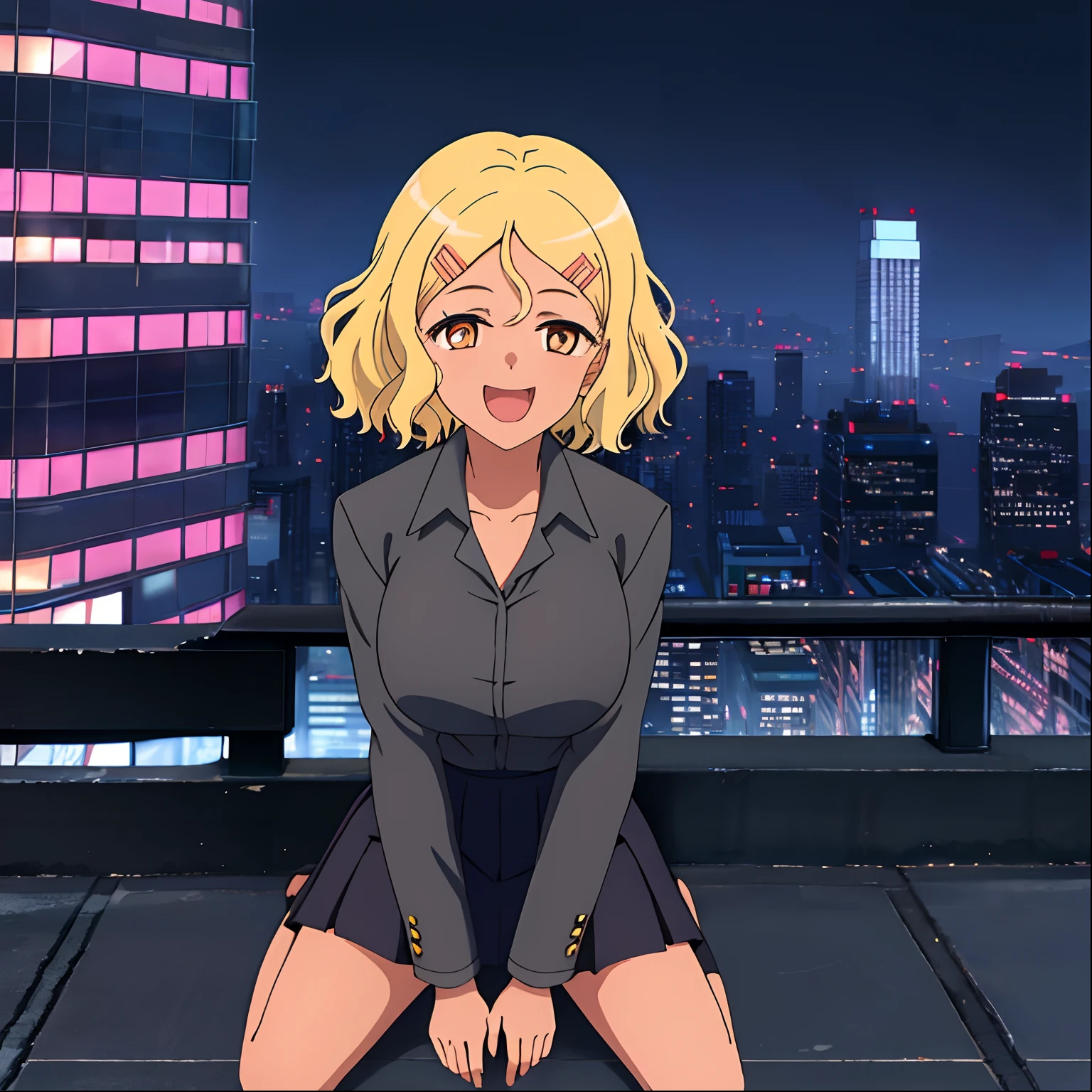 1girl, solo,sitting, cyberpunk cityscape,night city \(city\), stealth in the city, masterpiece, school uniform, professional artwork, famous artwork, perfect face,(glowing eyes:1), beautiful face, intense look,Sakura, blonde hair, hair ornament, hairclip, smile, open mouth, brown eyes,dark skin, glowing eyes, breasts, short hair, background city,looking away from viewer, on your knees with your legs open