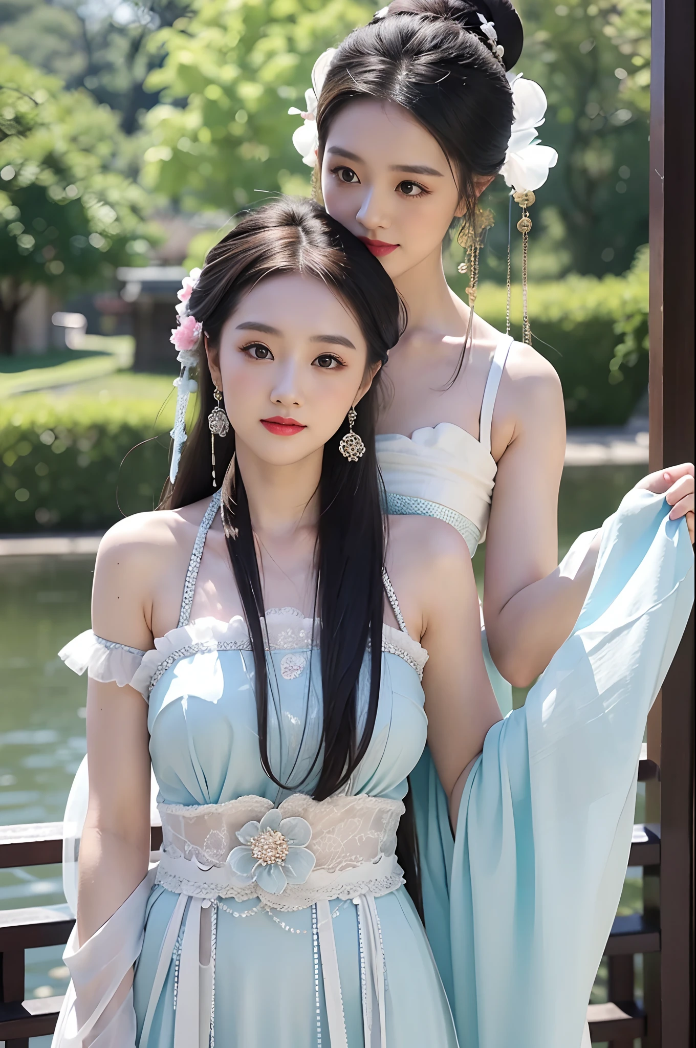 1girll，Exquisite，light  smile，Dancing by the lake，white colors|Cyan hanfu，Tulle Hanfu beauty，delicate patterns，Silk satin reflective，Textured clothes Glossy glossy skin，Ray traching，
best qualtiy，tmasterpiece，（Photorealsitic：1.4），Raised sexy