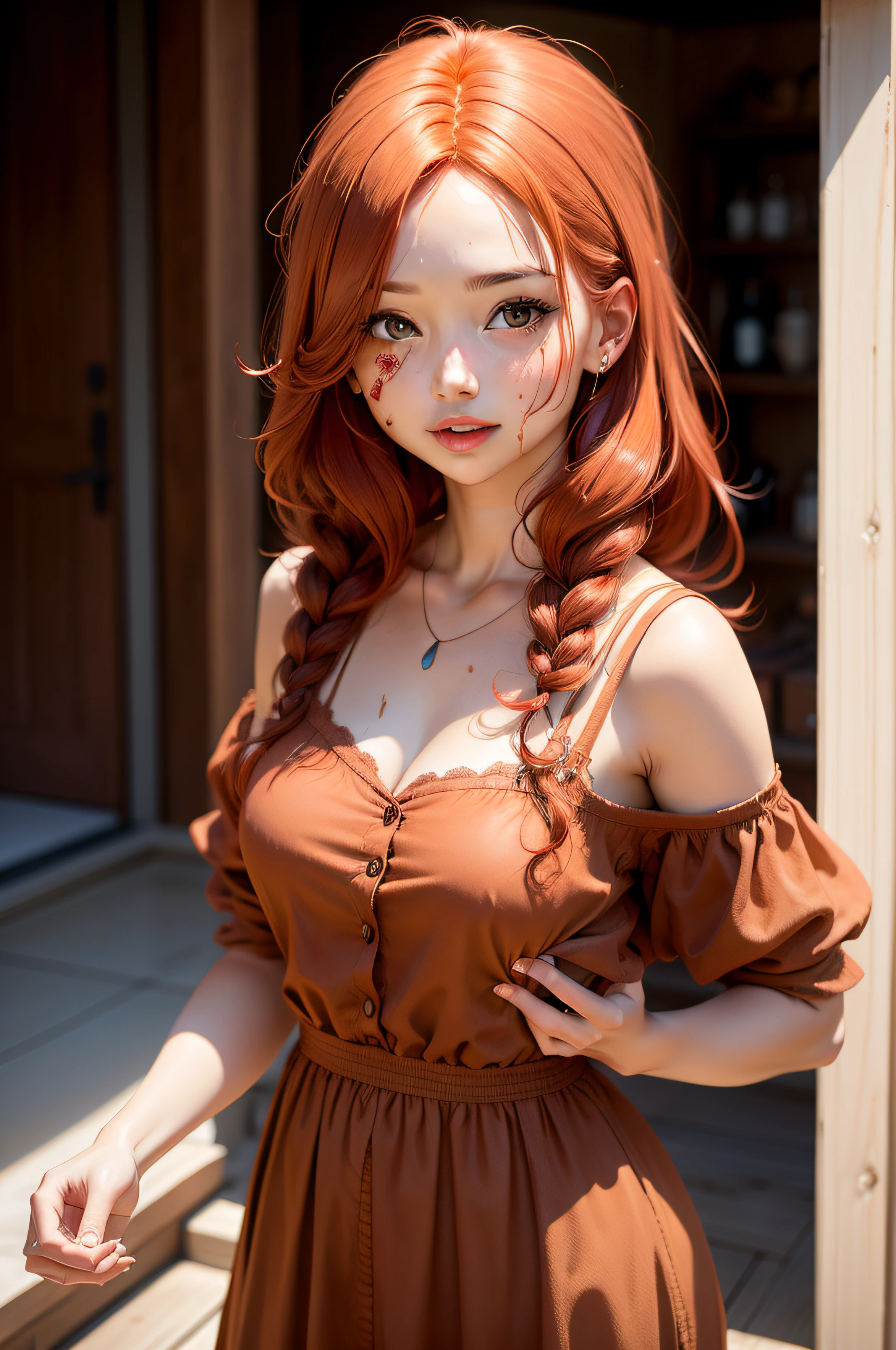 8k, RAW Photography, portrait, top-quality, ultra high resolution, Braids, piercings, Photorealistic, a adorable girl, full bodyesbian, red hair, Green eyes, a necklace, a smile, eye lashes, cinema lighting, depth of fields, lens-flare, camisole, masterpiece, extremely detailed eyes and face, bokeh