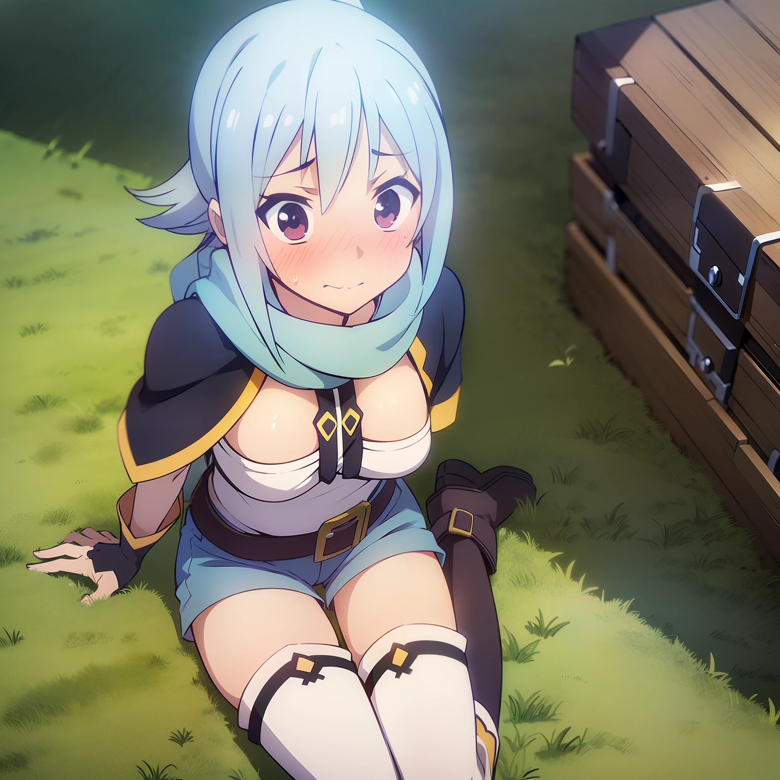 ((masterpiece,best quality, detailed)), outdoors, wariza, from above, blush, embarassed, (1girl, solo), chris \(konosuba\), blue shorts, black gloves, scarf, belt, boots, white thighhighs, bike shorts under shorts, capelet, bandeau, scar on cheek, single strap