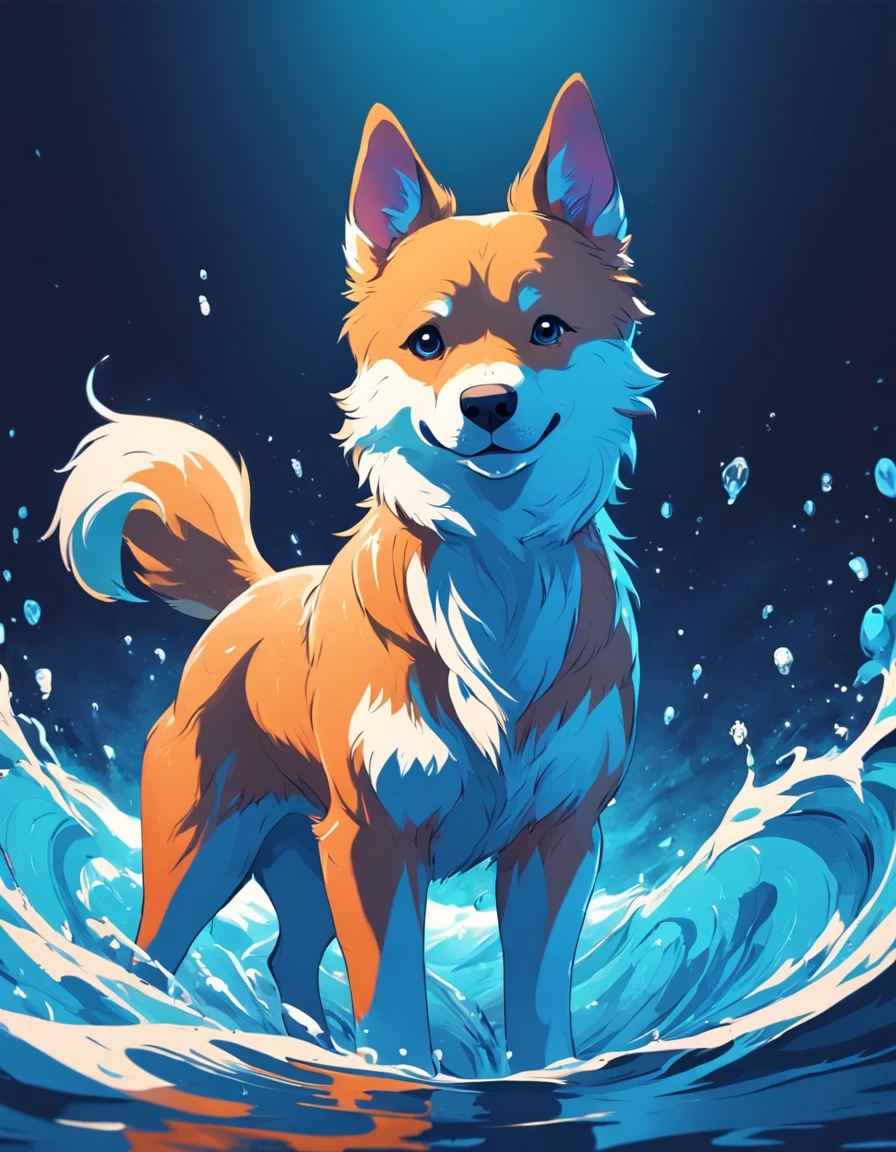 An emblematic logo of an dog of vibrant colors, water elements, simple design, vector art, minimal