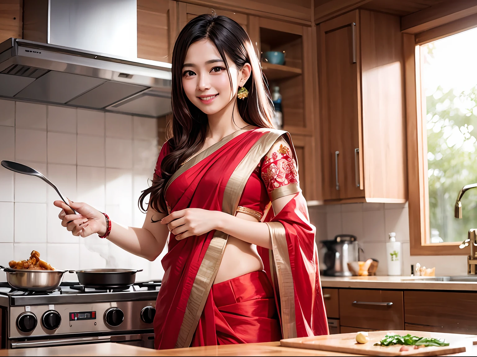 top-quality、　Indian、　femele、　curry、　cooking a、　Red Sari、Best Smile、　steam、　Cooking room