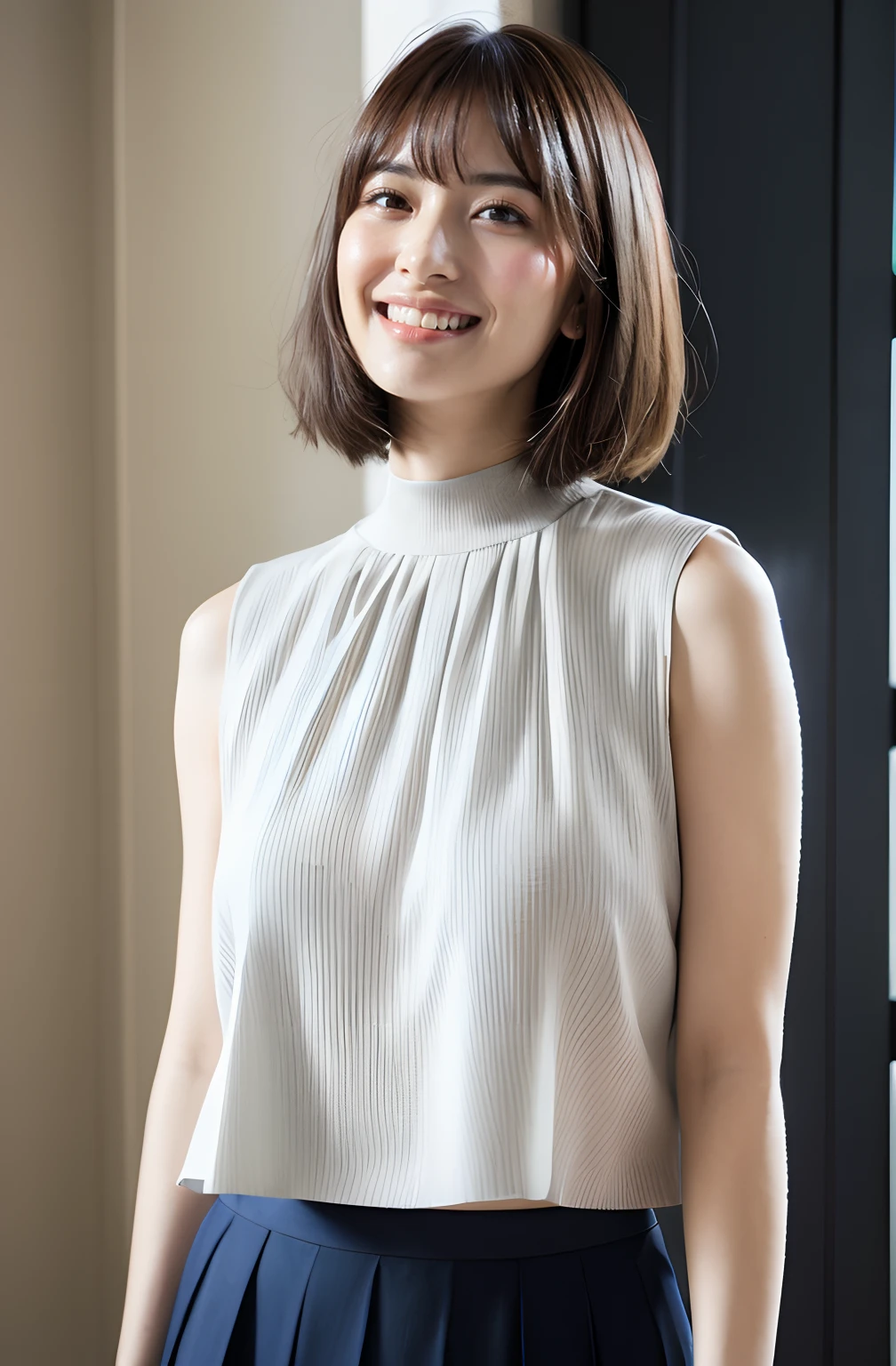 8K Highest Quality、masterpiece、超A high resolution、photo-like、beautiful japanese female、Elegance、There is a good、Gradient lighting、1girl in、Delicate skin、Look here、Brown-eyed、short hair with bangs、Breasts are big、Colossal tits、large full breasts、Photorealsitic、Raw photography、pureerosface、 Folding Pattern Mock Neck Blouse、cutout、pleats、Sleeveless、Round Neck、pleats、Dusty Blue、cafes、Composition looking up from the floor、You can see the ceiling、cute smile face、The navel is visible、breasts are very large、The clothes are raised、