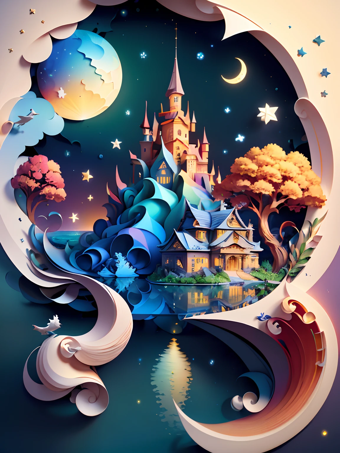 (((masterpiece))),best quality, illustration,  sky, cloud, water, star \(symbol\), tree, no humans, night, bird, moon, building, star \(sky\), night sky, scenery, starry sky, watercraft, castle, ship, waves, tower, boat. vibrant color scheme, Soft light,(warm color:1.2),Water color painting, light background, best quality exquisite details,3d rendering,Octane render, pastel, paper_cut