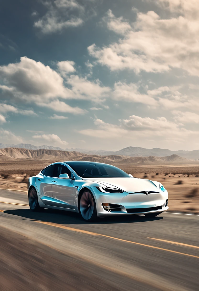 Background Blue sky and white clouds, Tesla 3 body, Tesla logo, Tesla wheels, driving on the road, side, Ultra HD, High quality, High Detail, best quality, High resolution, 4k, Masterpiece, complementary colors, poster like effect, Canon, Atmospheric distance