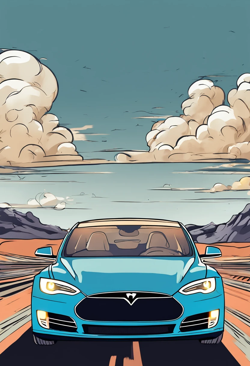 Background Blue sky and white clouds, Tesla 3 body, Tesla logo, Tesla wheels, driving on the road, side, Ultra HD, High quality, High Detail, best quality, High resolution, 4k, Masterpiece, complementary colors, poster like effect, Canon, Atmospheric distance