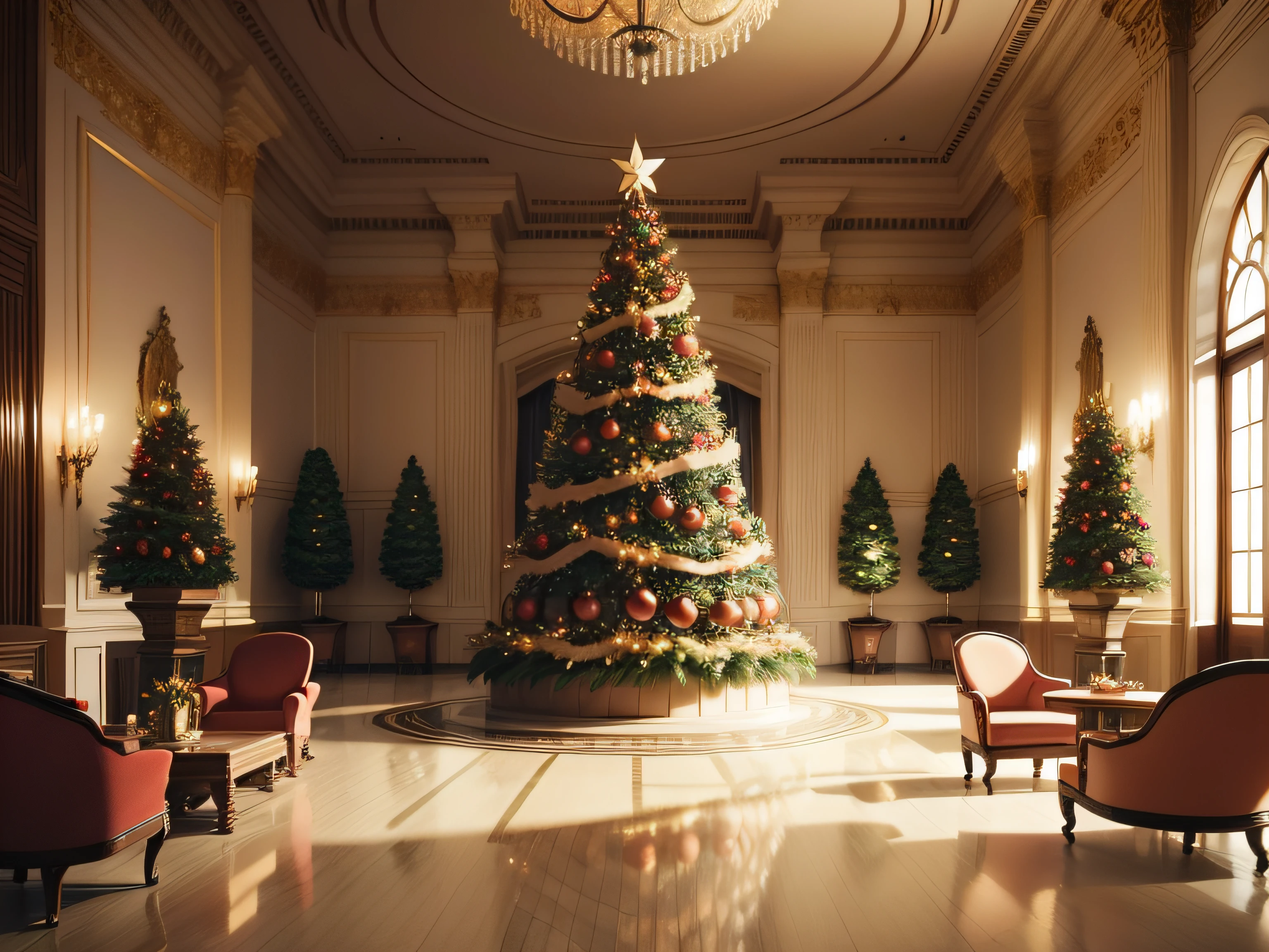 Christmas luxury hotel lobby、photos realistic