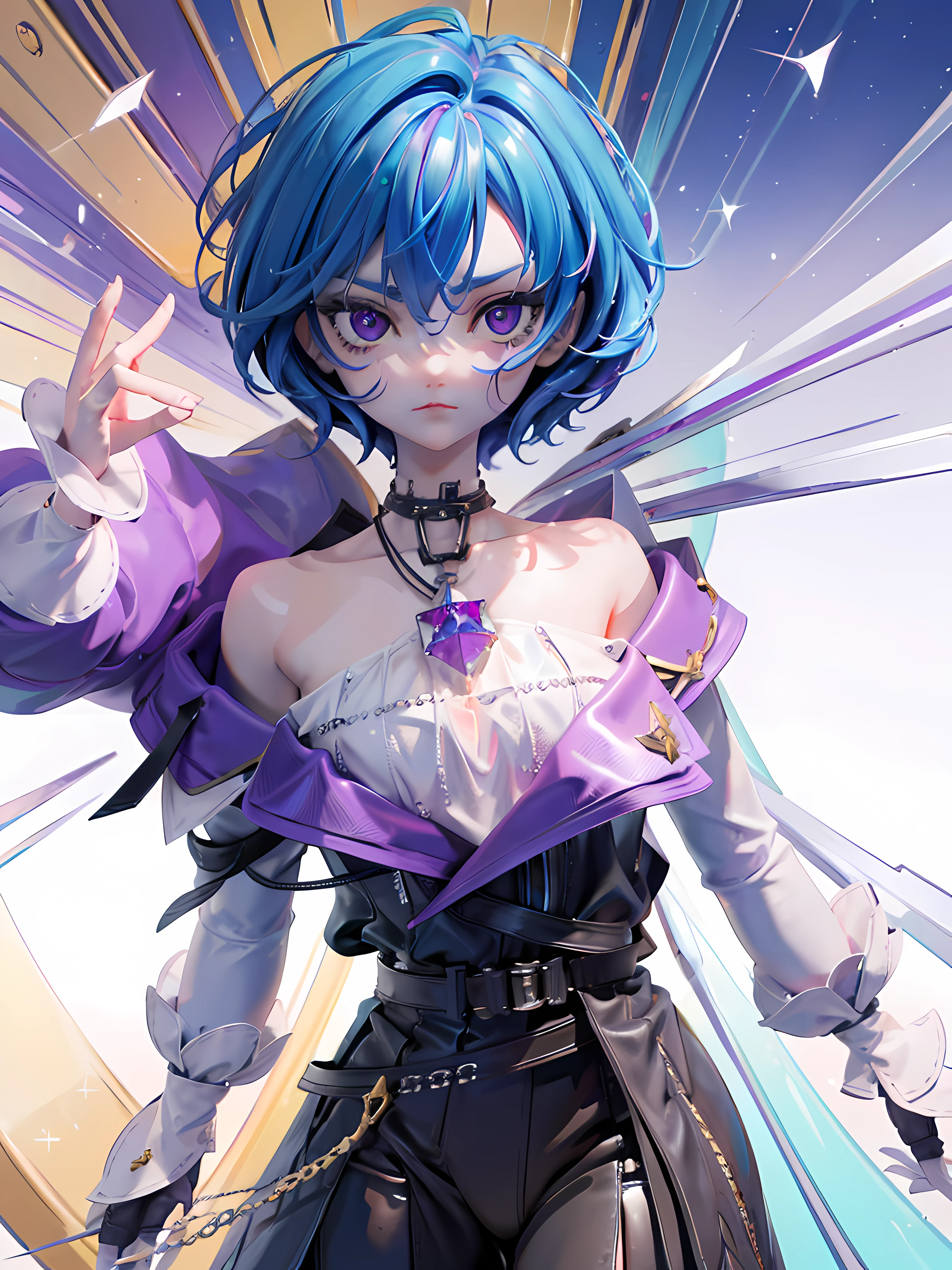 1boy, short Blue hair, purple eye, modern clothing, human, neckless, crystal background,8k, high resolution, intricate details, ultrasharp, masterpiece, looking at viewer