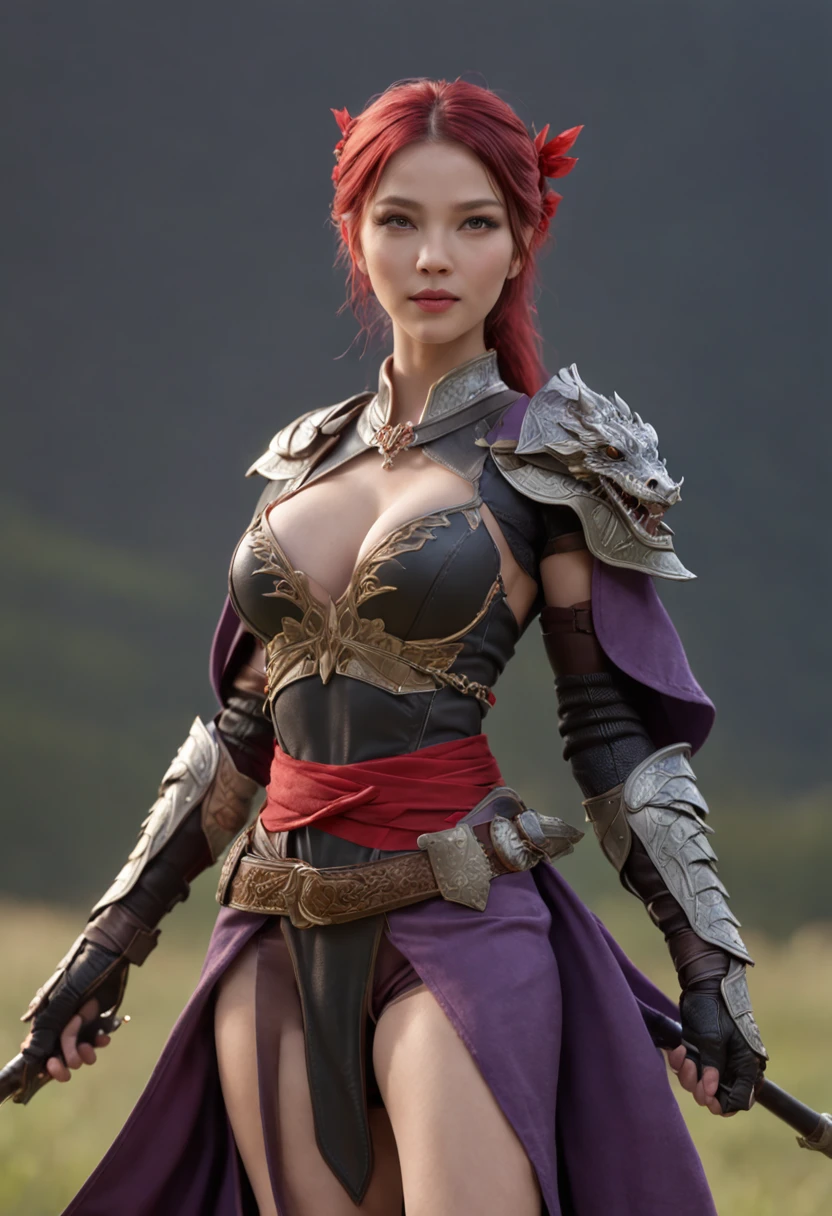 A beautiful woman, (from below: 1.3), (perspective: 1.2), looking at the audience, full body, full body photo, very huge breasts, high heels, (( grassland and black color dragon background)), (( fantasy theme)), (( full body armor, long skirt)), smile, ((holding a weapon)) , very big ass, purple color hair, ponytail hairstyle, ((Highest quality)), ((outstanding detail)), ((super high resolution: 3.5)), (fidelity: 1.4), ((best illustration, favor details, perfect detail rendering, ultra HD, masterpiece, ultra high res)), (photorealistic:1.5), raw photo, perfect brightness and darkness, light ray, perfect balance, smooth color transition, perfect body figure, full body frame, shining light, red and black color armor, aura, mantle, cape, Full detail armor design, crown, blue eyes, mature, age 39, adventure pant, perfect color layer, fighting pose, domineering posture, red scarf, royalty, majestic
