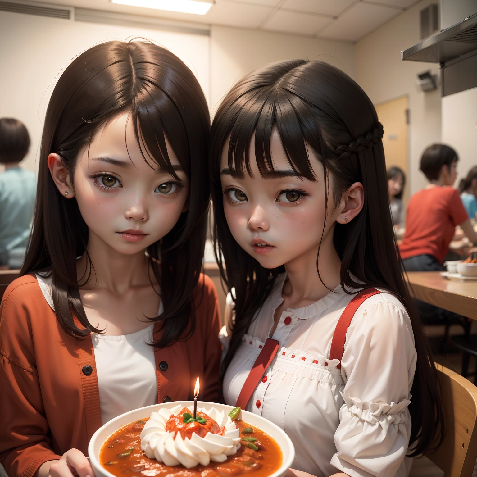 twogirls,A short haircut,A long hair,Birthday,Eat spicy hot