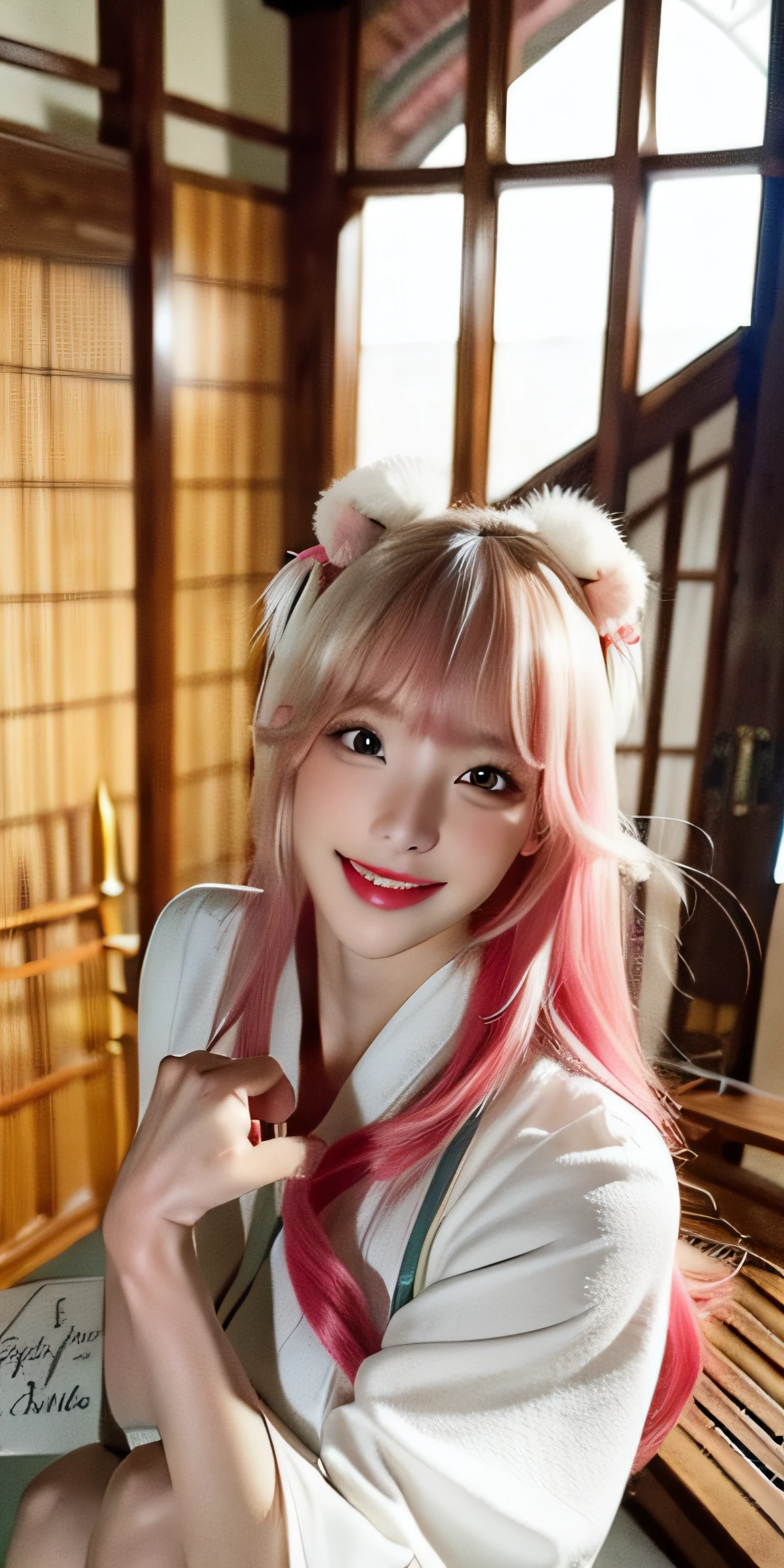 (8K, 4K, Best quality, A high resolution:1.2), (marsterpiece, Realistic, photograph realistic:1.37), 1girll, Solo, Beautiful face, eyeslashes, nase, Glossy lips, (Detailed eyes, view the viewer, Fair skin, White skin:1.5), fine complexion, Upper body,
Large breasts, Busty, , (:1.5),
Outdoor onsen,
two sides up, Absurdly long hair, Blonde hair, Pink hair, bangs, hair adornments, bow,
Younger, aged down,