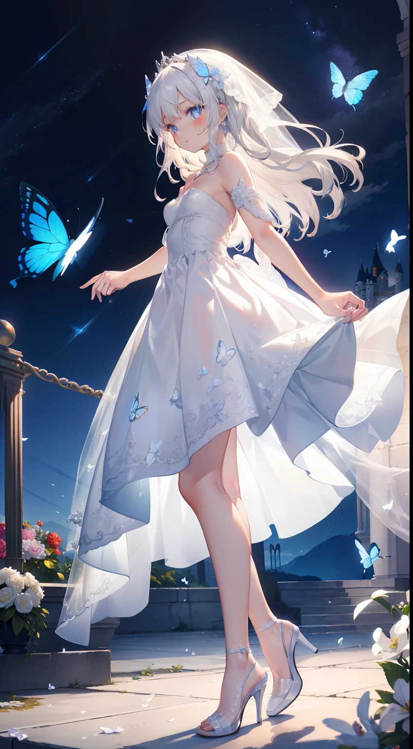 8k wallpaper，detailedbackground，Highest high resolution，silber hair，Bandeau Wedding Dress，white wedding dress，White heels，Castle background，A Princess，butterflys，rays of moonlight，Good Hand、Beautifully aligned fingers　Little butterfly flying around、The Spirit of the Earth to Come、Wind Spirit、Wearing flowers that invite dreams、