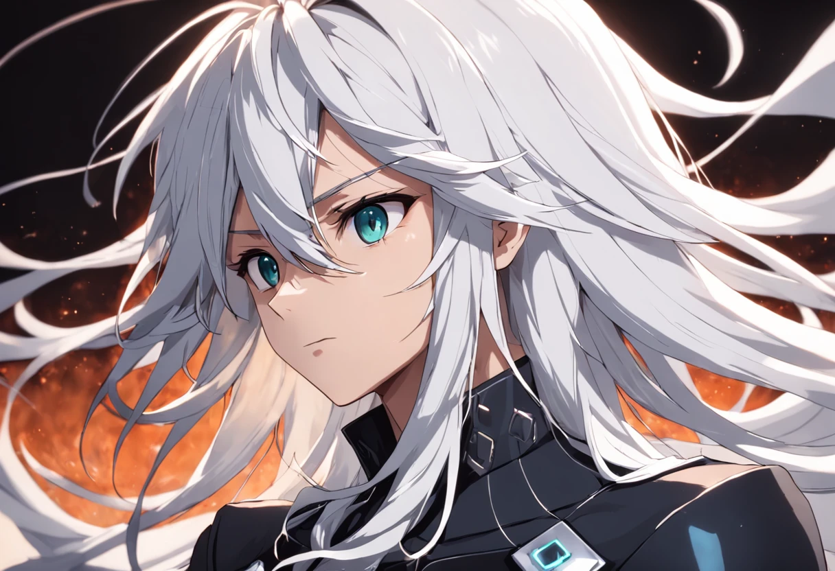 cabelo longo branco, homem, anime, traje preto, armadura, olhos vermelhos