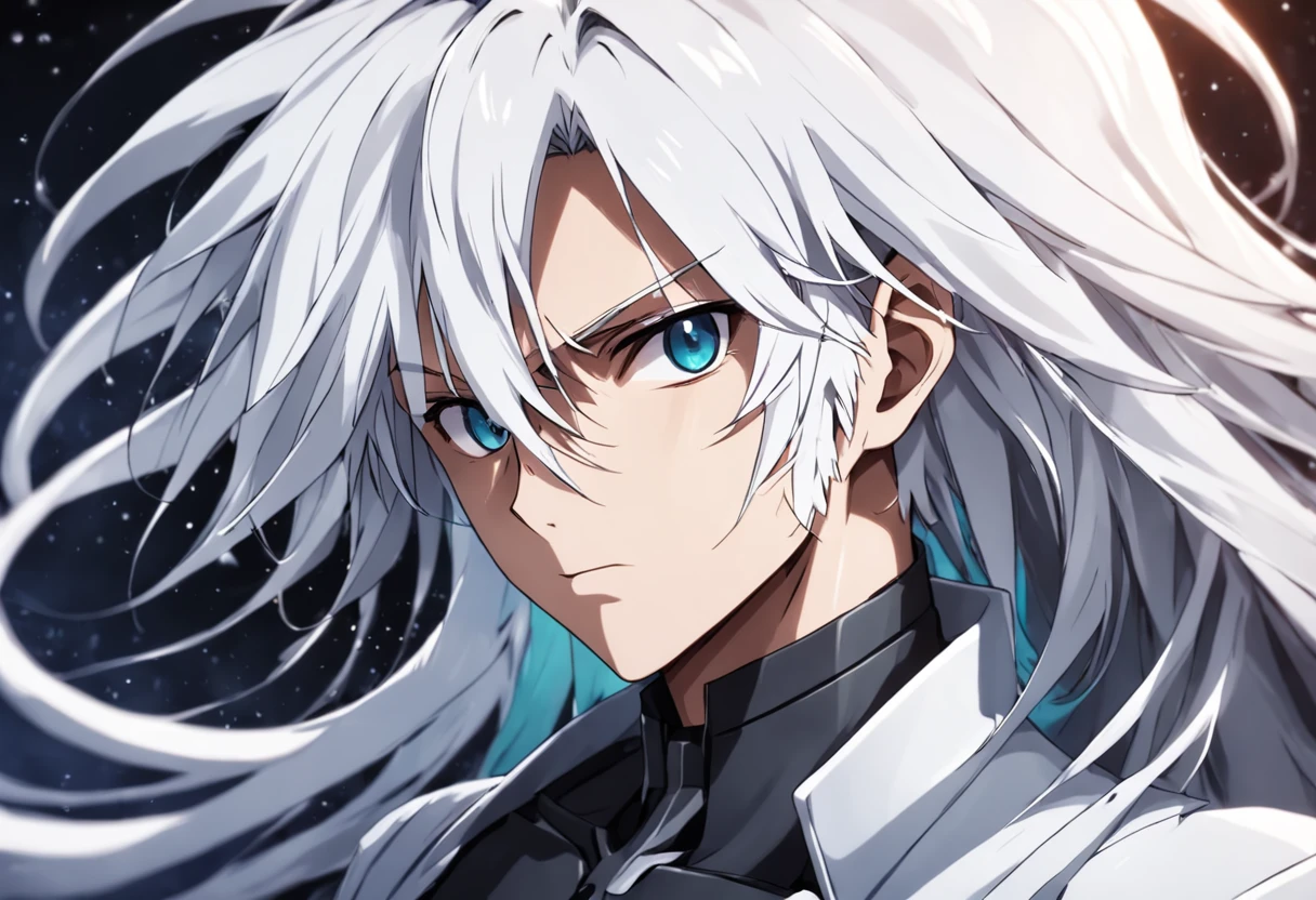 cabelo longo branco, homem, anime, traje preto, armadura, olhos vermelhos