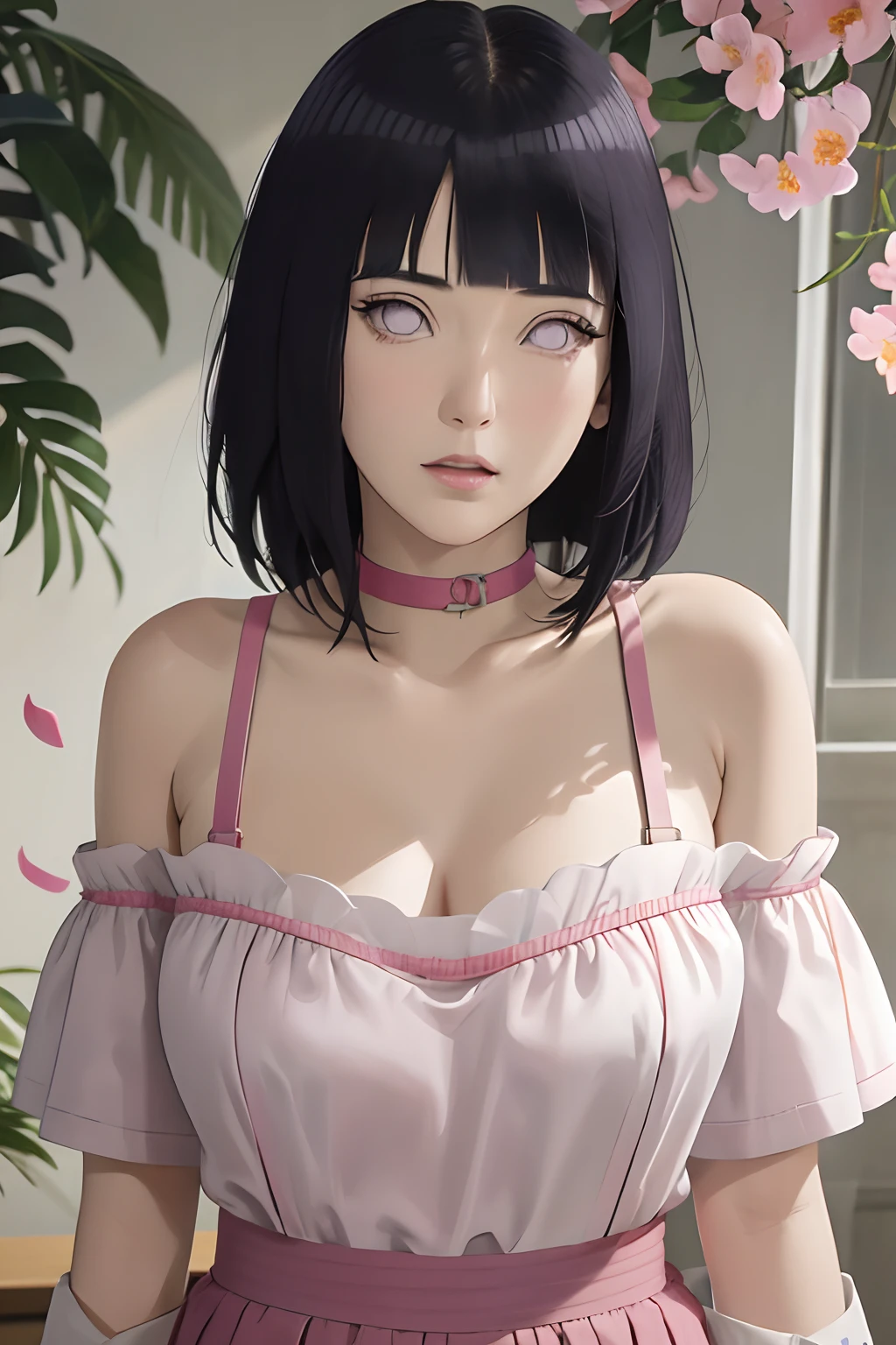 masterpiece, absurdres, hinata\(boruto\), 1girl, solo,mature female, off-shoulder strap bra, high waist short skirt, looking at viewer, (falling petals), perfect composition, detailed lips, big breast, beautiful face, body propotion, blush, (pink lips), long hair, purple eyes, soft gaze, super realistic, detailed, photoshoot, realistic face and body,