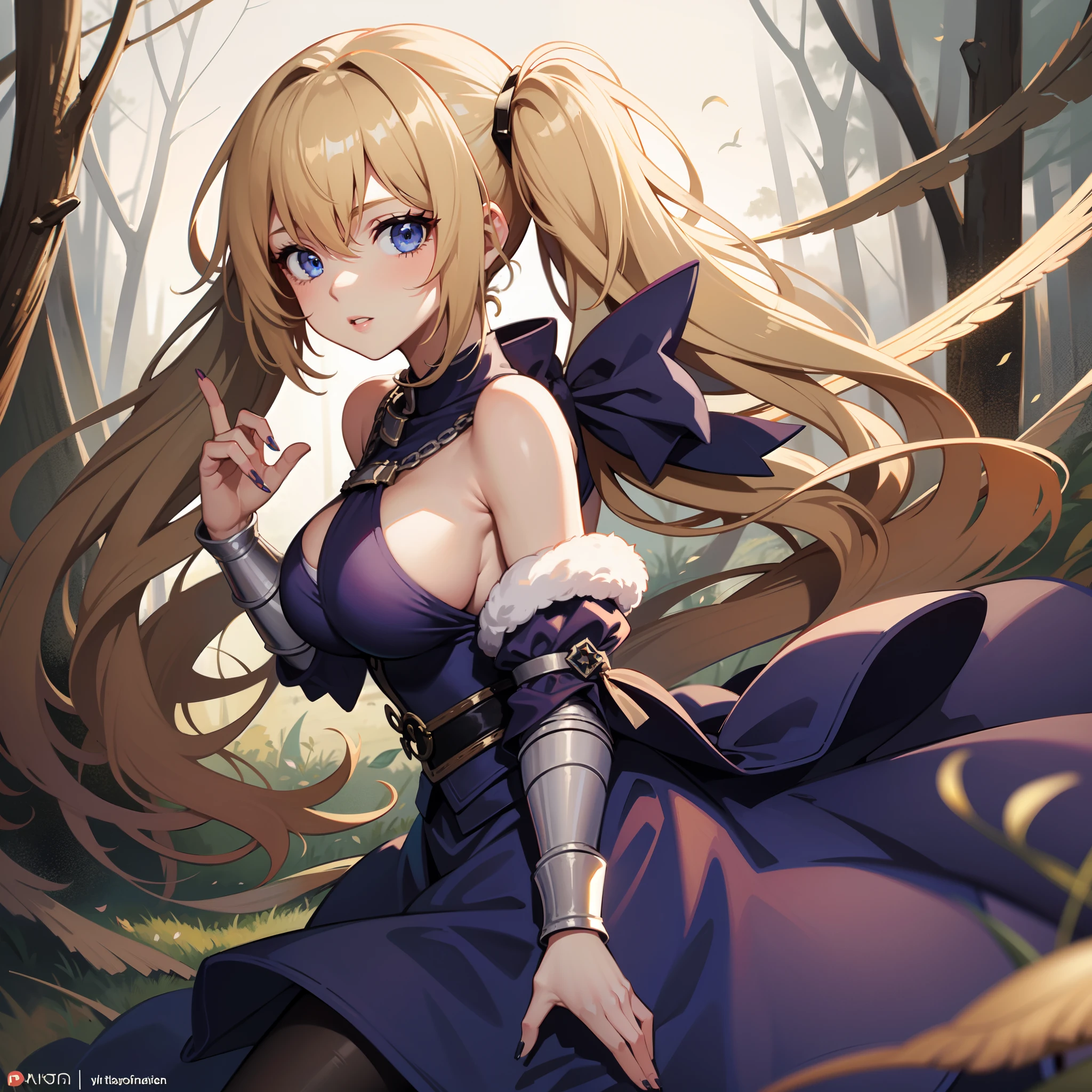 masterpiece, high quality, extremely detailed, 1girl, milf, solo, large breasts, jeanne d'arc, blonde hair, very long hair, twintails, blue eyes, parted lips, fingernails, pink kimono, black pantyhose, winter forest, anime
