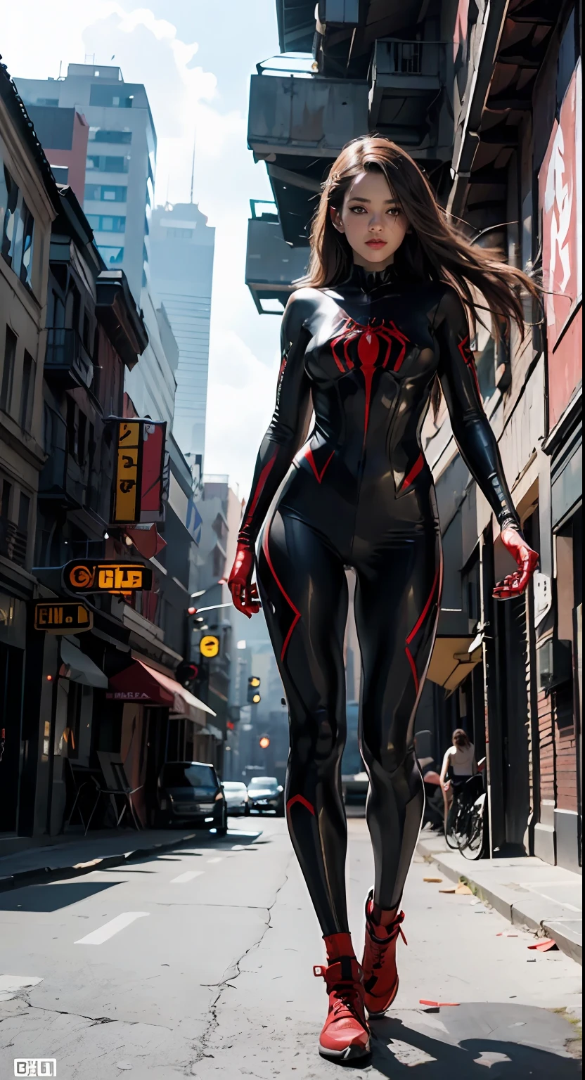 Spider-Woman is depicted in a striking, dynamic pose atop a towering skyscraper, her body arched gracefully as she clings to the edge of the building. She is dressed in a sleek, form-fitting suit that hugs her athletic, muscular figure, the material shimmering slightly in the light of the city. The suit is a deep, rich red with black web-like patterns intricately woven across it, reflecting the iconic spider motif on her chest. Her long, black hair flows freely in the wind, adding a sense of movement and power to her appearance.Her eyes are covered by a white, stylized mask with sharp angles, giving her an intense, focused expression as she surveys the city below. Her gloved hands are poised and ready, fingers slightly spread, revealing the web-shooters embedded in her wrists. The muscle definition in her arms and legs is clearly visible, emphasizing her strength and agility.The background is a breathtaking view of the city at night. The skyscraper she's perched on is surrounded by other towering buildings, their windows aglow with the lights of the bustling metropolis. The city below is alive with energy, the streets filled with the headlights of cars, and the neon signs illuminating the urban landscape. The skyline is dotted with both modern and classic architecture, creating a sense of depth and scale. Far below, the city seems almost dreamlike, with the lights forming a sea of glittering stars on the ground.Above, the night sky is a deep indigo, speckled with faint stars barely visible due to the bright city lights. Clouds drift lazily across the sky, their edges glowing faintly with the reflected city lights, adding a touch of ethereal beauty to the scene. A full moon hangs high in the sky, casting a soft, silvery light over everything, creating subtle highlights on Spider-Woman’s suit and the metallic surfaces of the buildings around her.The wind is depicted as a gentle breeze, tugging at Spider-Woman’s hair and suit, adding a sense of realism and motion.