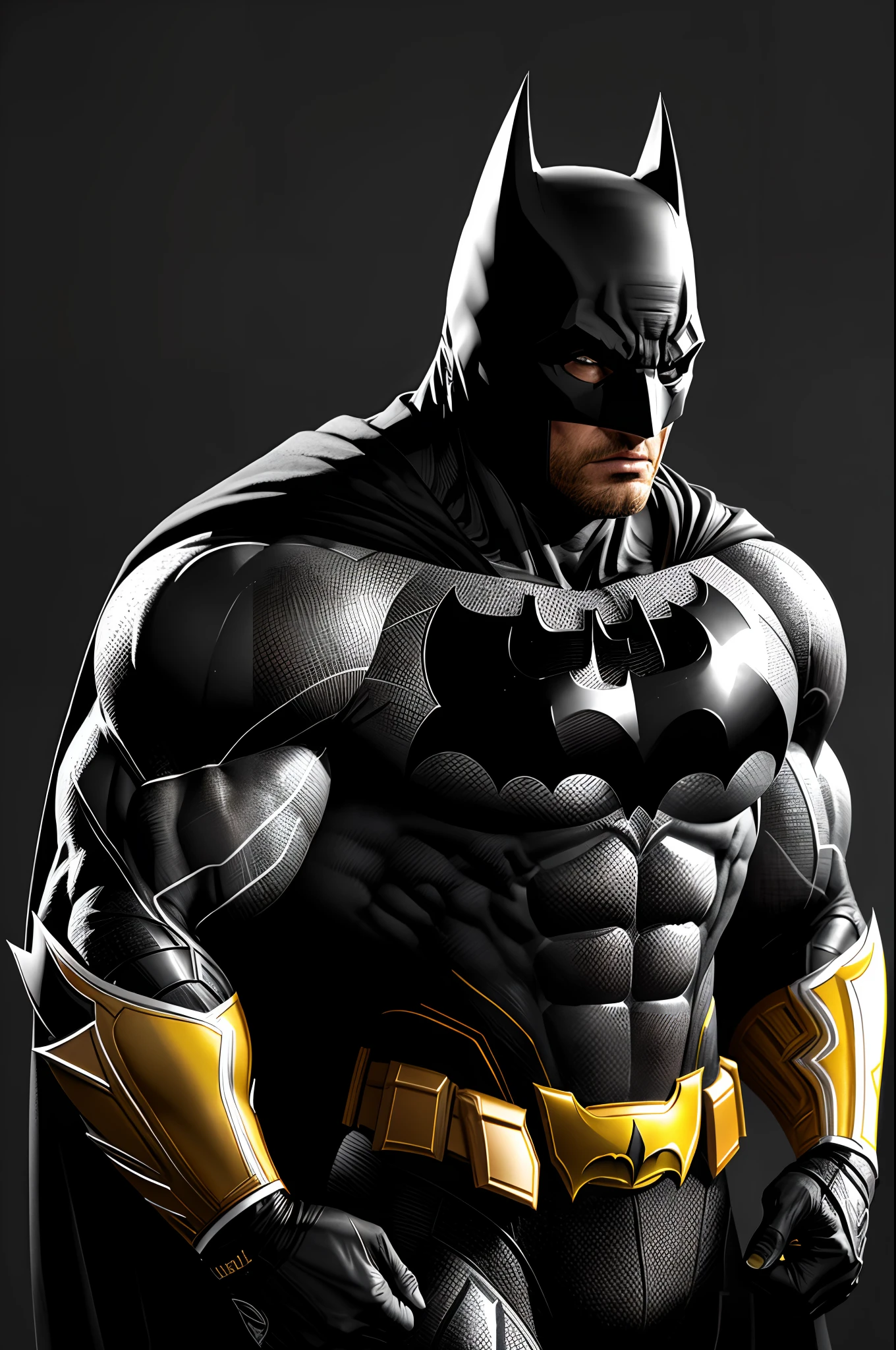The batman traje yelow dc ,Bodybuilder, super strong, muscular, ABS, in background asgard, 35mm lens, photography, ultra details, HDR, UHD,8K strong olhos brancos , heroi bravo , logo do morcego no peito detalhado em branco