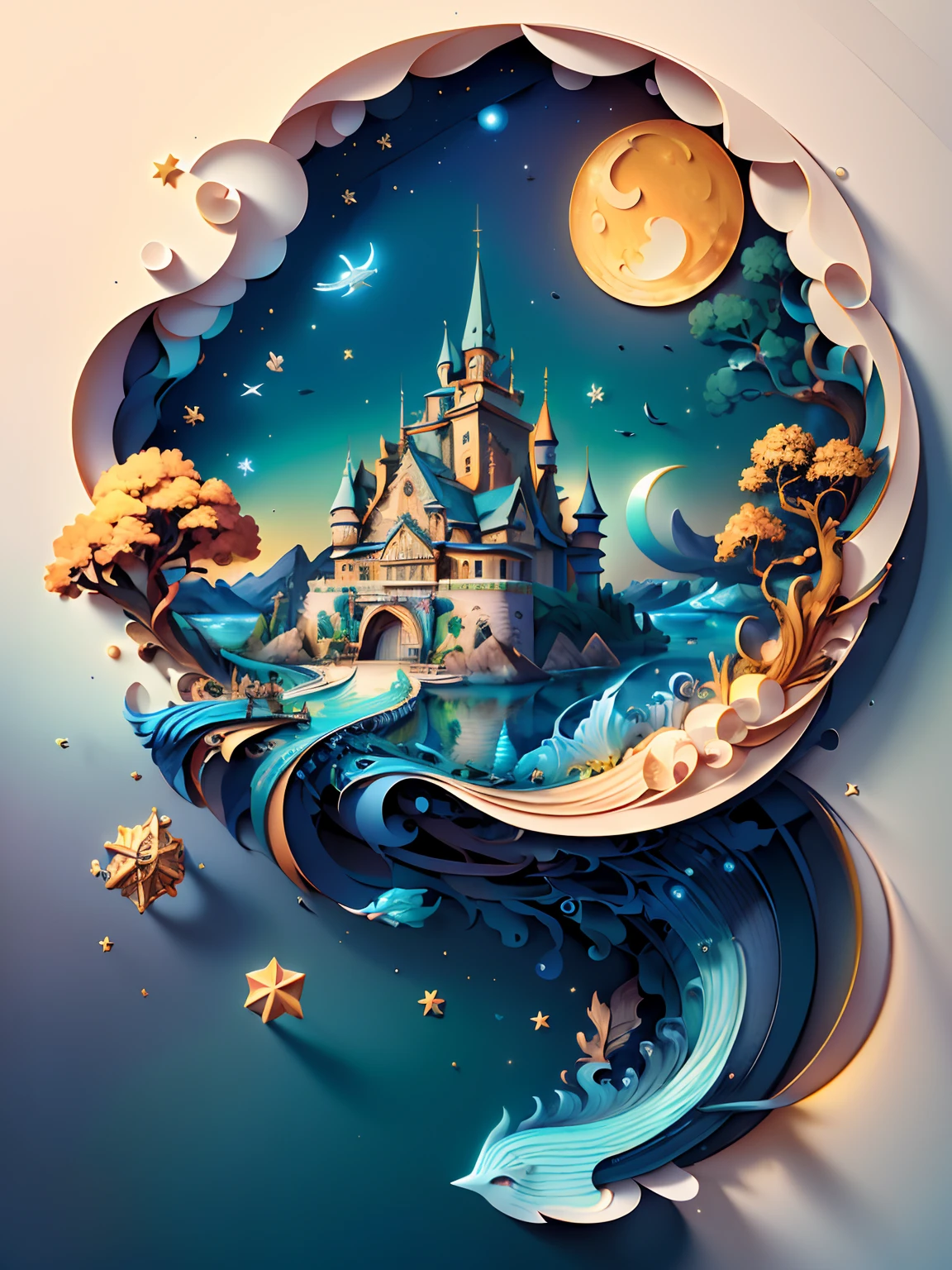 (((masterpiece))),best quality, illustration, sky, cloud, water, star \(symbol\), tree, no humans, night, bird, moon, building, star \(sky\), night sky, scenery, starry sky, watercraft, castle, ship, waves, tower, boat. vibrant color scheme, Soft light,(warm color:1.2),Water color painting, light background, best quality exquisite details,3d rendering,Octane render, pastel, paper_cut