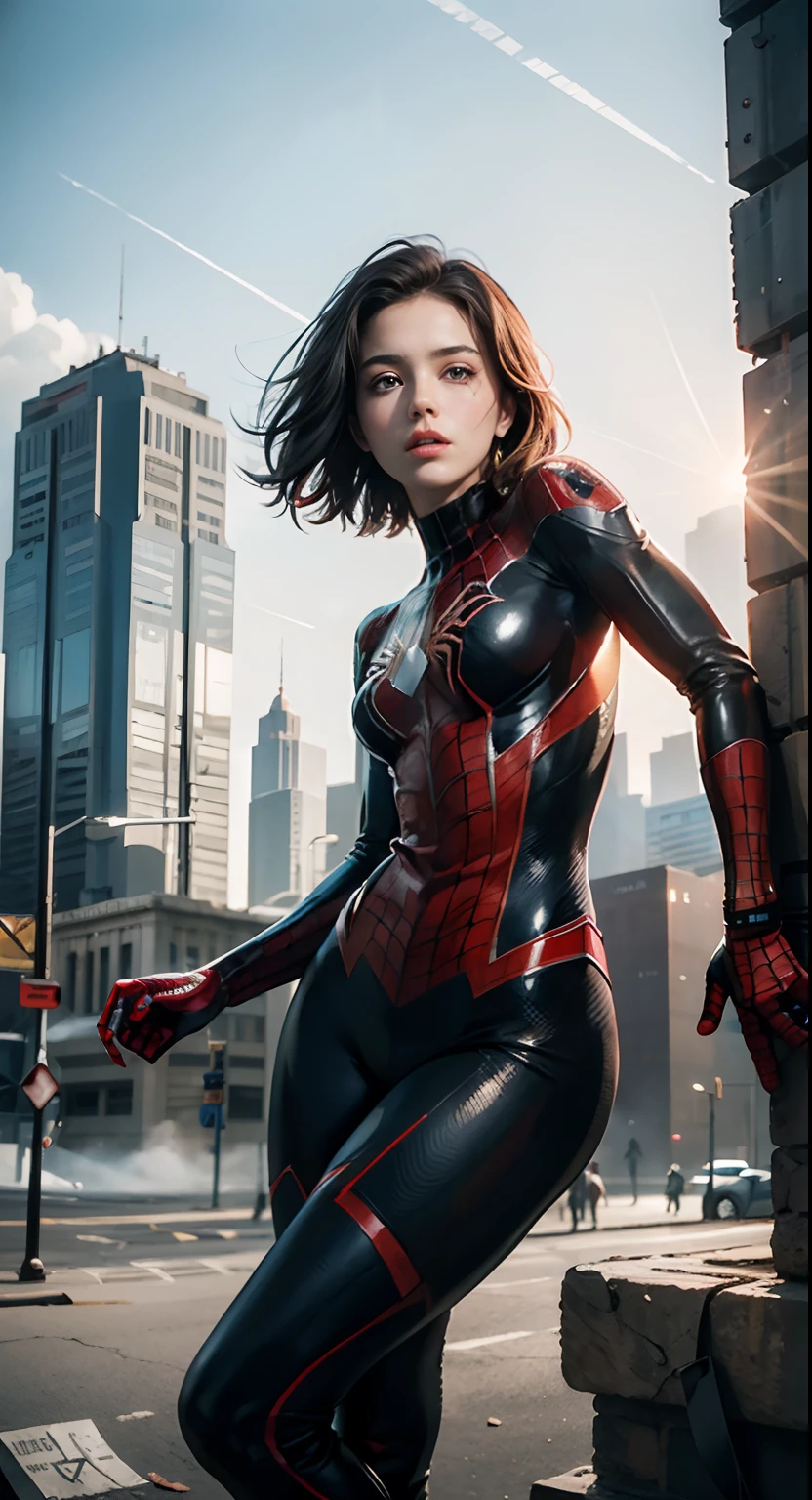 (1girl:1.3), solo, __body-parts__, official art, unified 8k wallpaper, super detailed, beautiful and aesthetic, beautiful, masterpiece, best quality, raw, masterpiece, super fine photo, best quality, super high resolution, photorealistic realism, sunlight, full body portrait, amazing beauty,, dynamic pose, delicate face, vibrant eyes, (from the front), she is wearing a Spider-man suit, red and black color scheme, spider, very detailed abandoned warehouse background, Detailed face, detailed complex busy background, messy, gorgeous, milky white, highly detailed skin, realistic skin details, visible pores, sharp focus, volumetric fog, 8k uhd, DSLR, high quality, film grain, fair skin, photo realism, lomography, huge metropolis in future dystopia, seen from below, translucent
