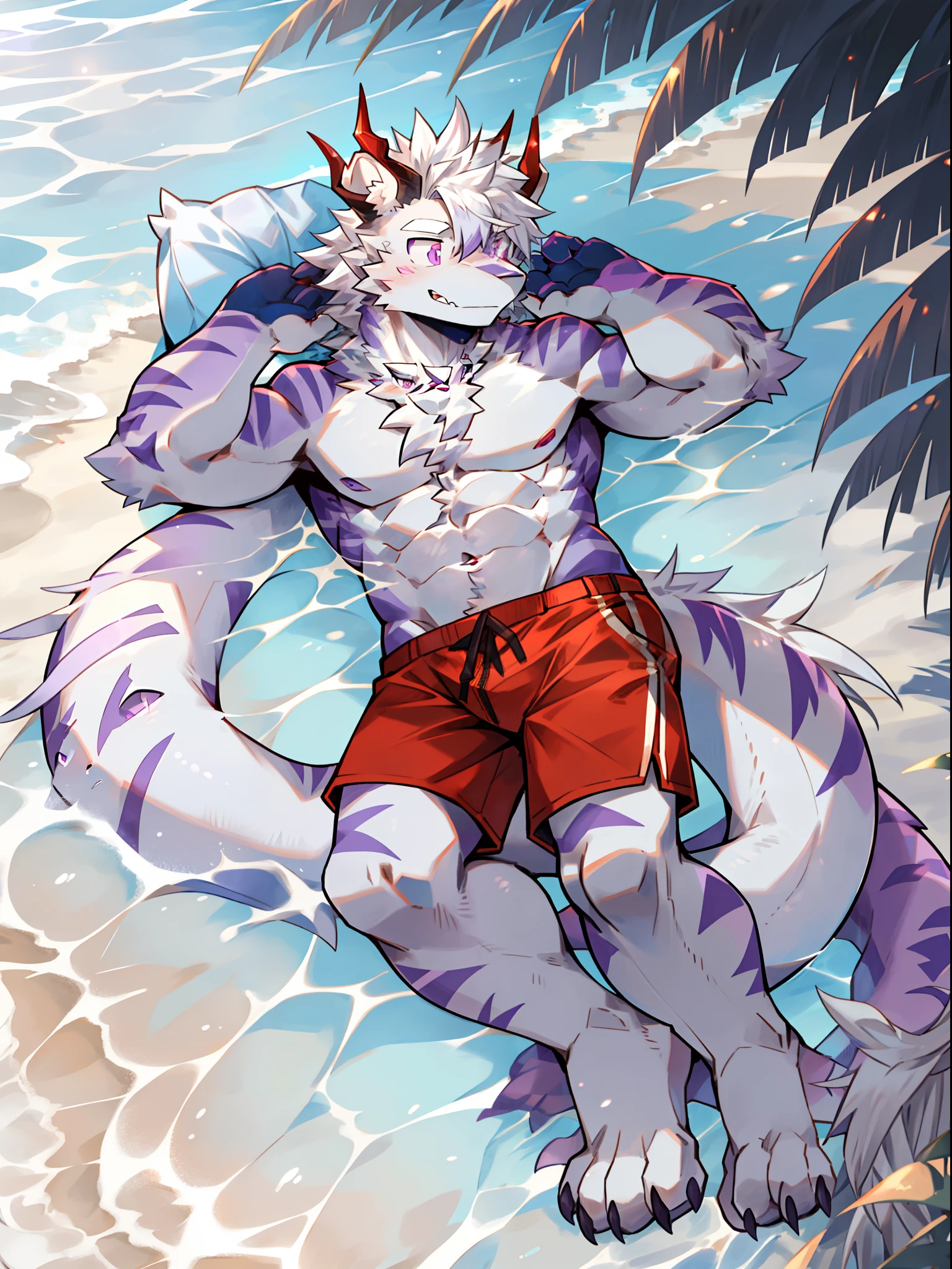 Black leopard,solo person,magestic,male people,Demon bloodline,Beast claws,Pink meat pad,Pink pupils,swim trunks,musculous,lie on one's side,Throw a wink,beach chair,sea shell