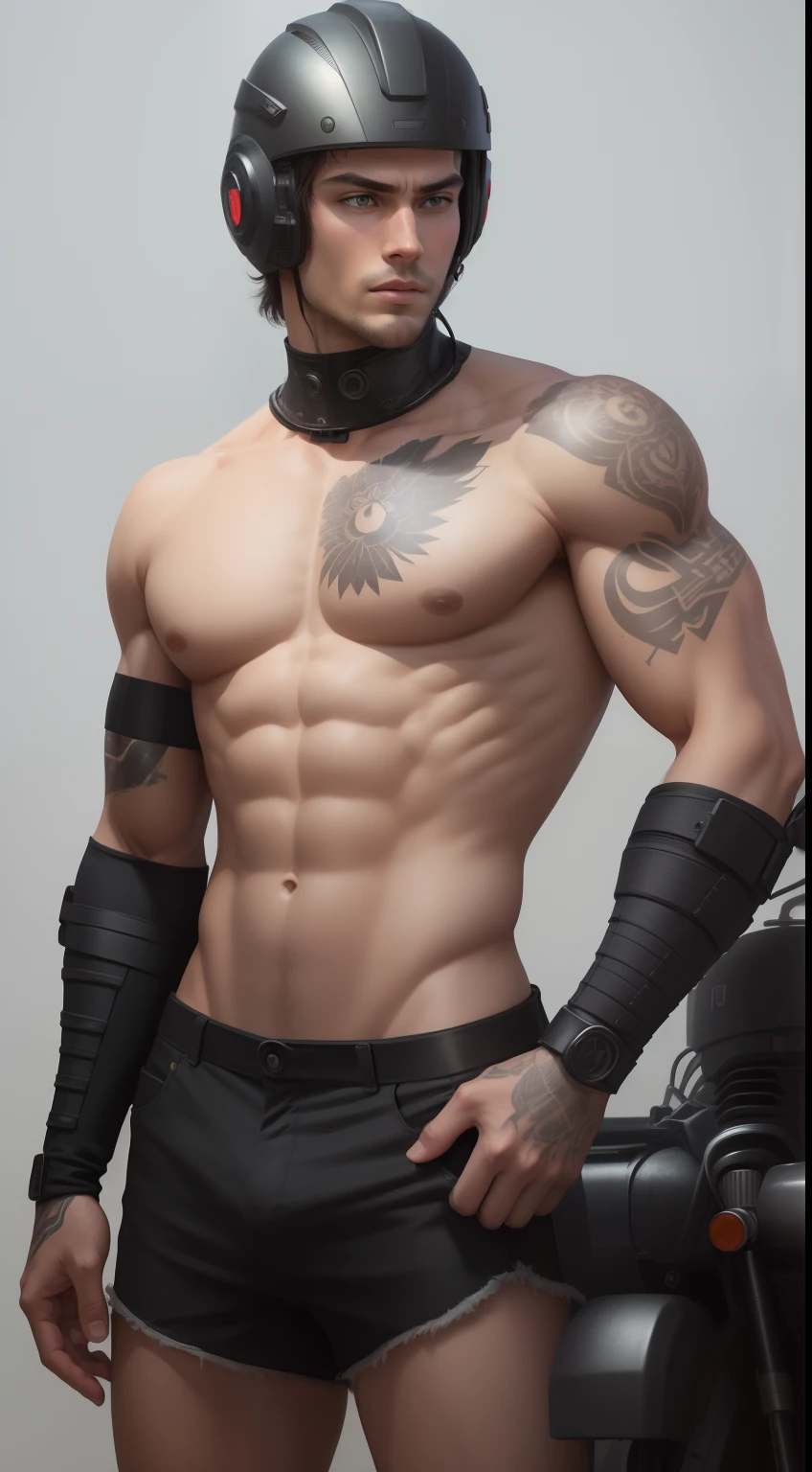 Half-naked,Extremely strong,Handsome,The left hand is the robotic arm,He wears a black motorcycle helmet on his right hand,The lower body is tight shorts,There is a flower arm tattoo on the right hand,short hair youth