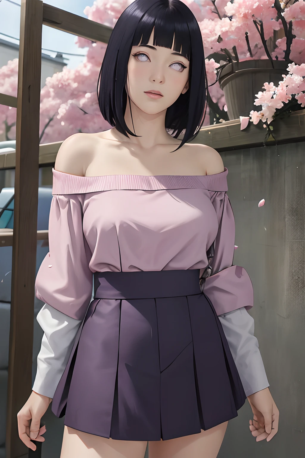 masterpiece, absurdres, hinata hyuga, 1girl, solo,mature female, spaghetti strap top,high waist mini skirt, looking at viewer, (falling petals), perfect composition, detailed lips, beautiful face, body propotion, blush, (pink lips), long hair, purple eyes, soft gaze, super realistic, detailed, photoshoot, realistic face and body, detail body, detail finger, sexual expression, seductive, thighhighs