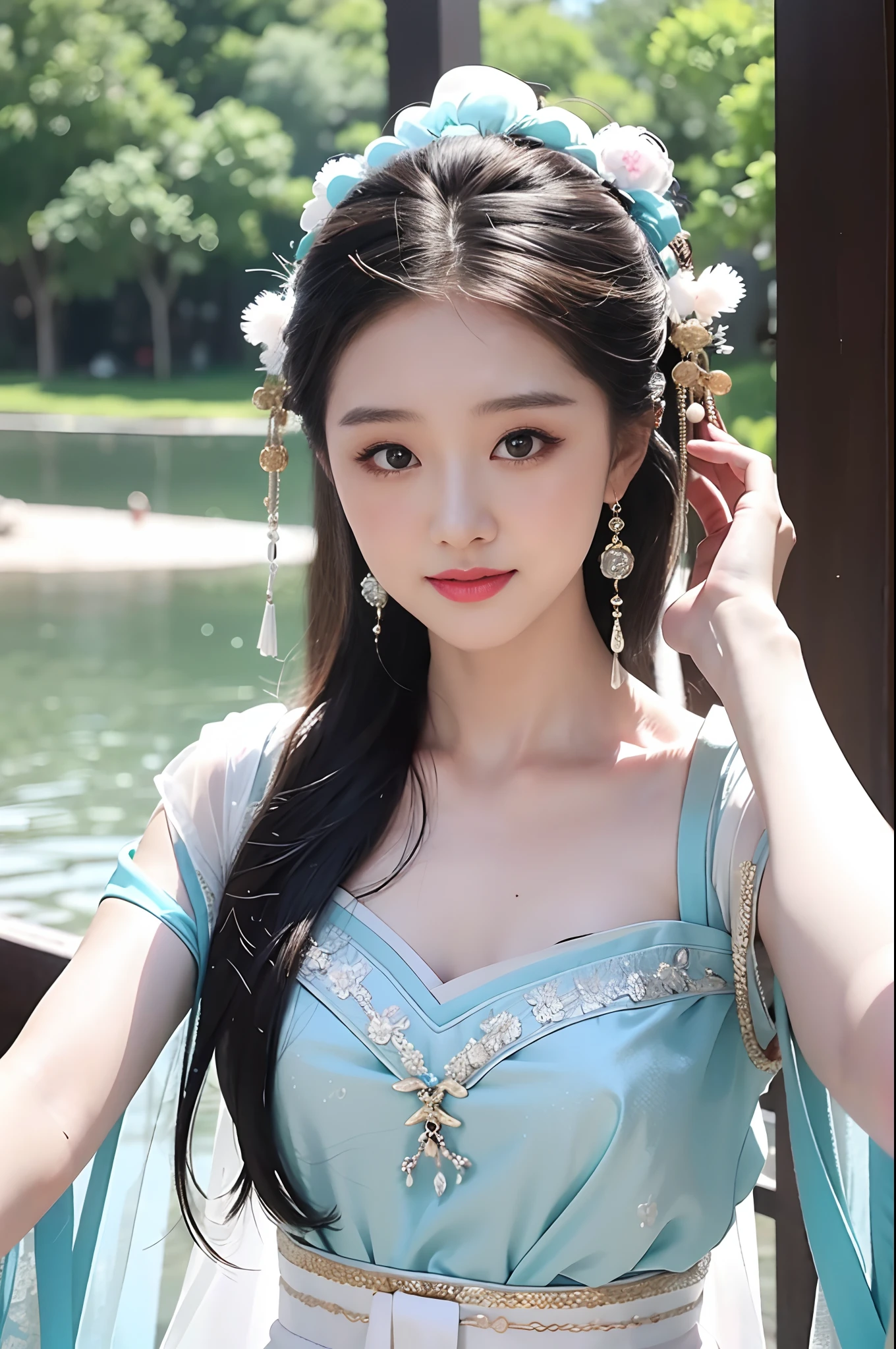 1girll，Exquisite，light  smile，Dancing by the lake，white colors|Cyan hanfu，Tulle Hanfu beauty，delicate patterns，Silk satin reflective，Textured clothes Glossy glossy skin，Ray traching，
best qualtiy，tmasterpiece，（Photorealsitic：1.4），Raised sexy