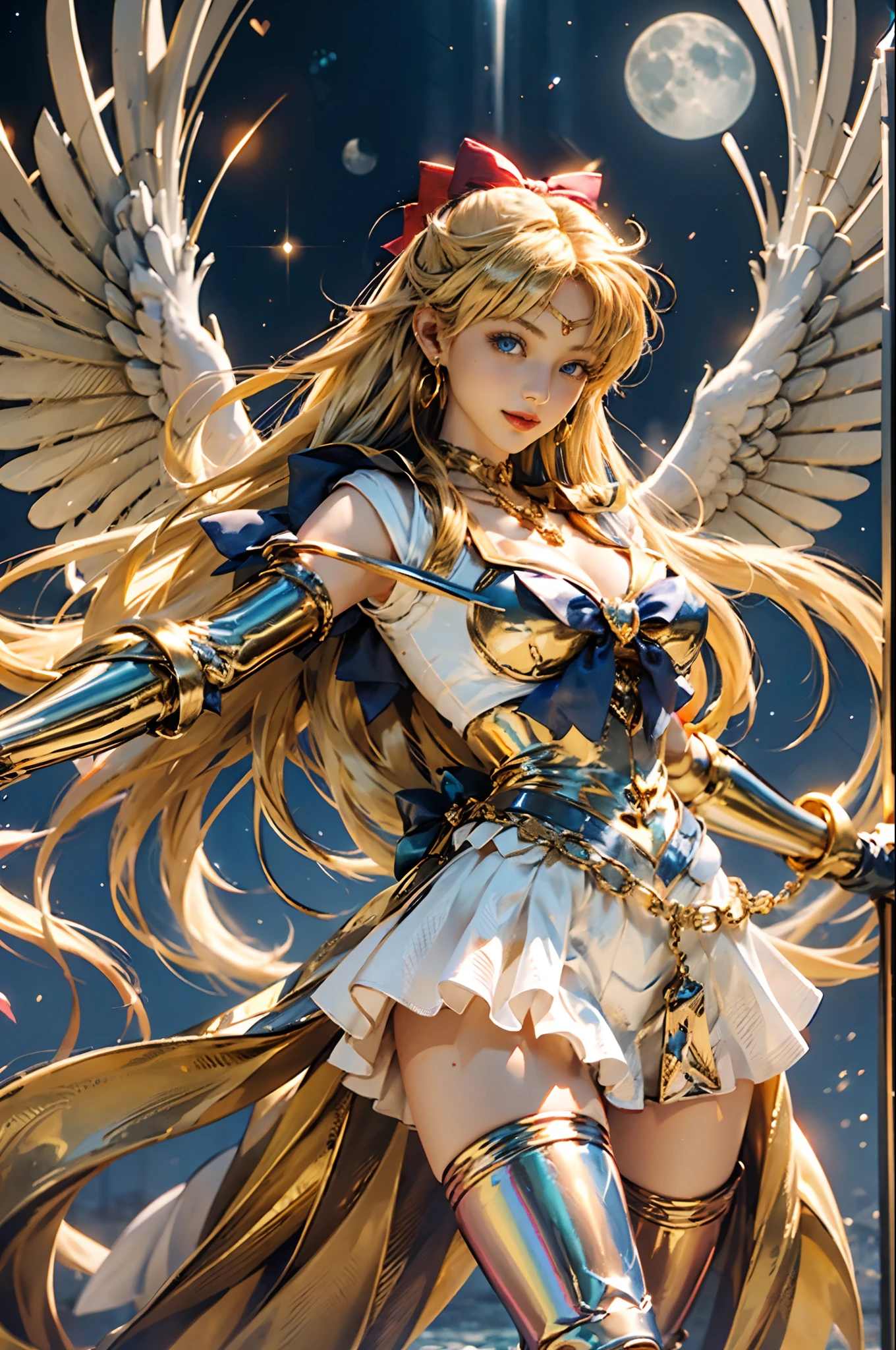 full: 1.3, to stand, masutepiece, 。.3D, Realistic, Ultra-micro photo, of the highest quality, ultra-detailed CG unity 8k Wallpaper, From below, Intricate details, (1 woman), 20 years old, (( Luxurious large golden tiara on forehead:1.6, very large dark blue bow in the center of the chest,: 1.6,Shiny Bright Orange Sexy Pleated Ultra Mini Skirt: 1.3, dark orange gloves on the elbows,:1.1, saturated wide bright dark orange collar,, saturated bright dark orange sailor color,, very large red bow on the back of the head,: 1.3)), Incredibly long straight very bright blonde: 1.2, Beautiful straight long blonde hair shiny: 1.2, sailorvenus, Minako Aino,(Sailor Senshi uniform revealed, Bare upper arms: 1.1, Long knee high boots in shiny dark orange enamel、Luxurious gold decoration: 1.2, Long white latex gloves with luxurious gold decoration: 1.3, very large yellow bow behind the waist,: 1.1, orangechoker, Cleavage looks sexily boldly big, Orange heart-shaped earrings)), SV1, Sailor Senshi Uniform, Orange skirt, elbow groves, tiarra, Orange sailor collar, Red bow, orangechoker, White Gloves, Jewelry、
((Seductive smile, Very pretty face, Face Details: 1.5, Bright blue eyes, Beautiful face, Beautiful eyes, shiny eyes, thin lips: 1.3, thin and sharp pale eyebrows, long dark eyelashes, Double eyelashes)), Luxurious Golden Jewelry, (Very thin and fit high-gloss white holographic leather: 1.3), White Silver High Leg Cut Swimsuit,((Fighting stance)), Huge white wings, thin and muscular muscles, Muscular abs, a small face, Huge breasts, Perfect proportions, thin waist, SEXY Model Pose, Visible Pore, Perfect hands: 1.5, Octane Rendering, highly dramatic picture, Strong natural light, Sunlight, exquisite lighting and shadow, Dynamic angles, DSLR Harp, Focus: 1.0, Maximum clarity and sharpness(Golden Divinity, Heartstorm Space Background, Dynamic golden chain background, Golden Man: 1.2, Golden hair, Venus, Moonlight, Moon, dynamic background, Detail Background)),(mecha musume)