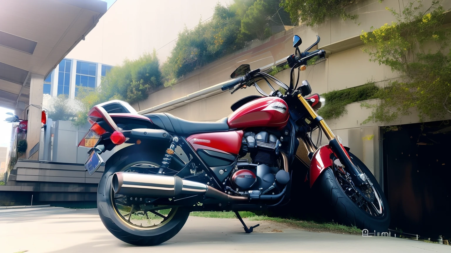 there is a red motorcycle parked next to a building, motorcycle, symmetric!!, front side full, mid-view, front side, motorbike, front-view, front profile, cafe racer, front profile shot, sideview, 🪔 🎨;🌞🌄, symmetry!!, triumph, one motorbike in center of frame