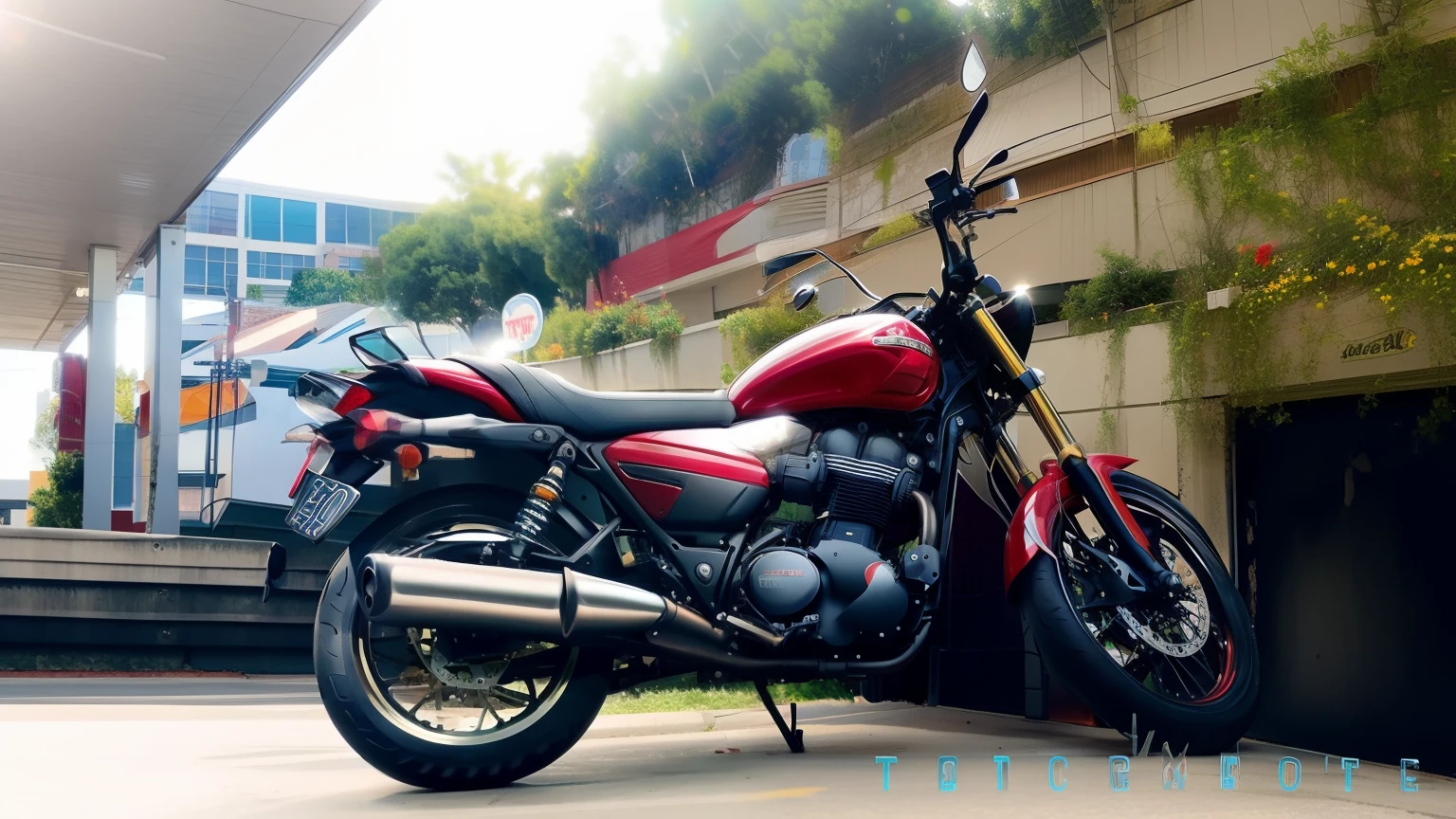 there is a red motorcycle parked next to a building, motorcycle, symmetric!!, front side full, mid-view, front side, motorbike, front-view, front profile, cafe racer, front profile shot, sideview, 🪔 🎨;🌞🌄, symmetry!!, triumph, one motorbike in center of frame