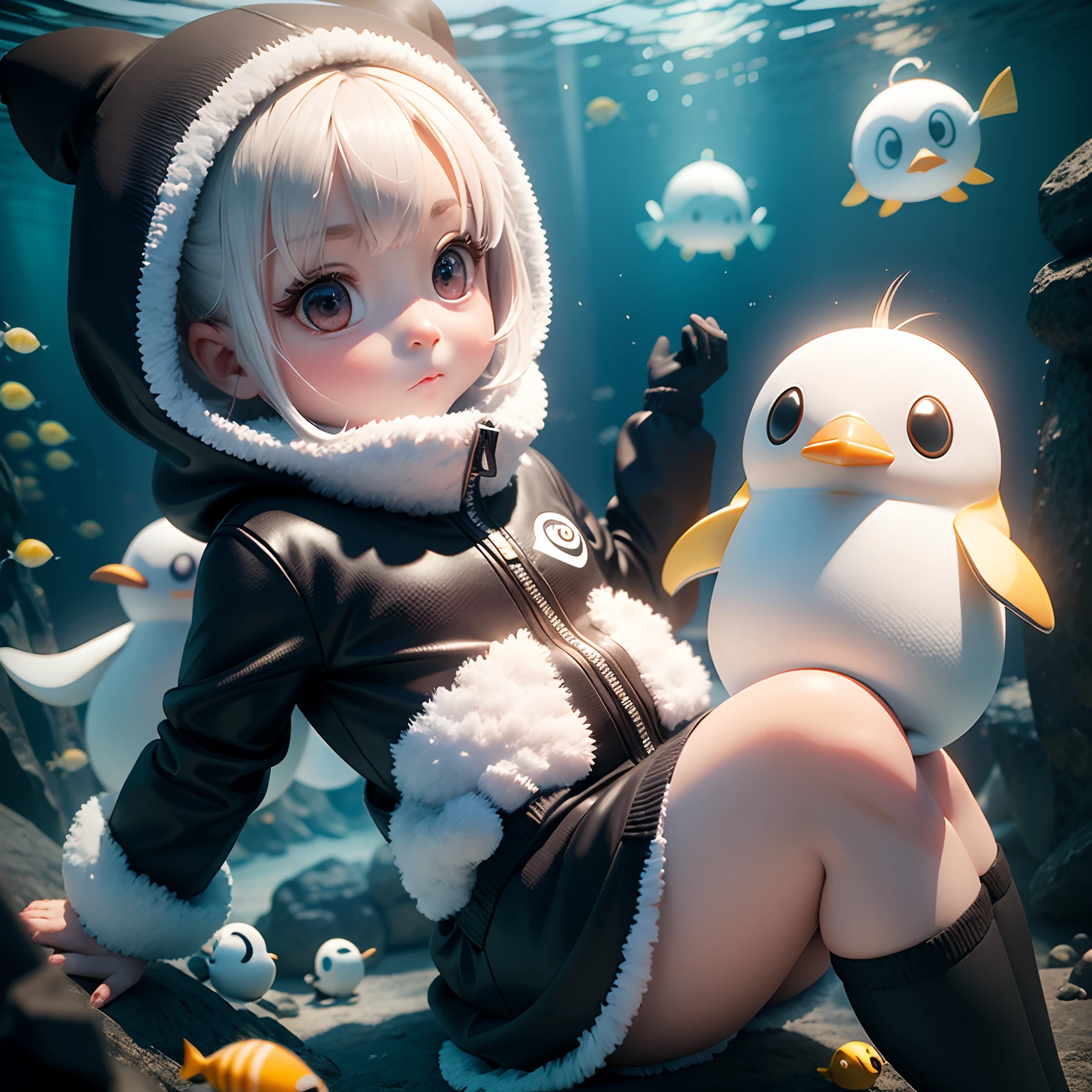 masterwork　Chibi 3D Wearing a penguin costume　cute and beautiful chibi,Chibi 3D Inside a Giant Aquarium ，Cold white skin