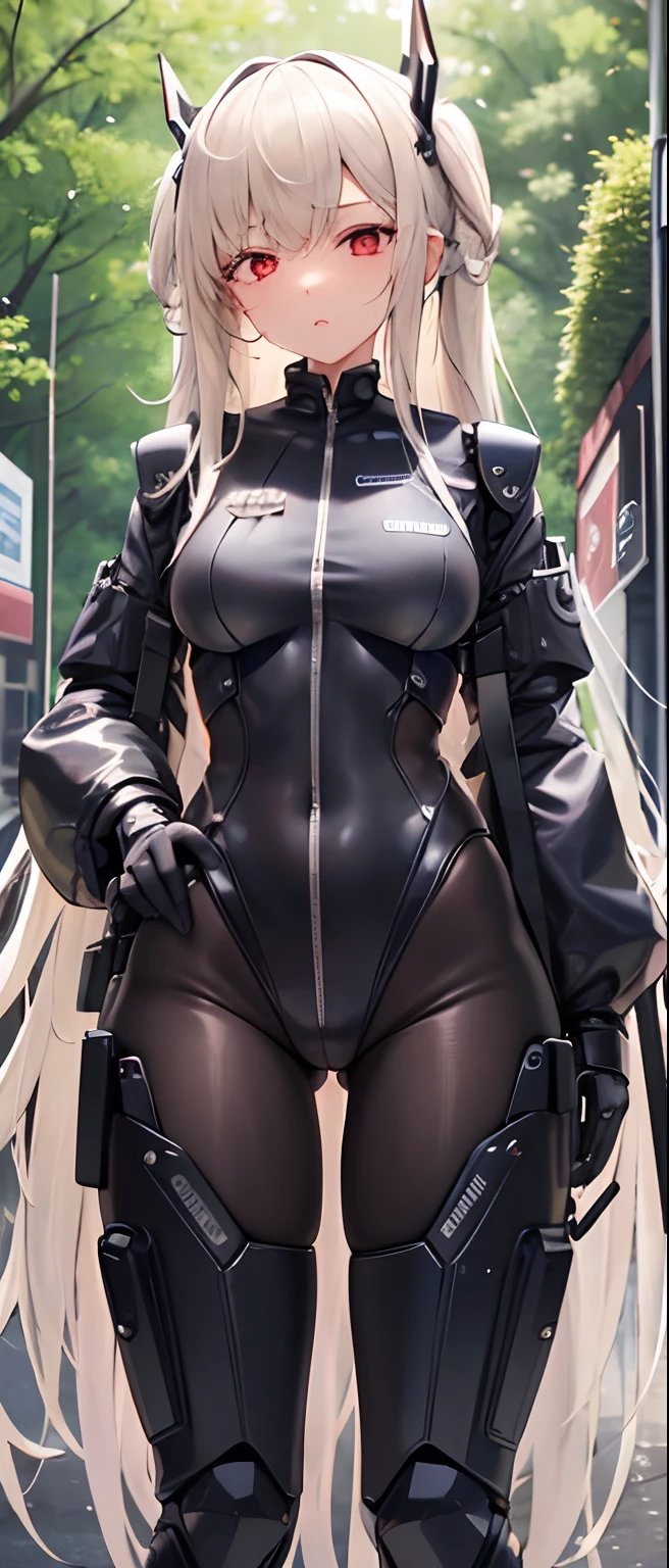 best quality,masterpiece,girl with a powered exoskeleton,sf,outdoor,extremely long hair,spreading hair,ivory hair,wet,1 girl,hair strand,Fair skin,blunt bangs,look down on,standing up