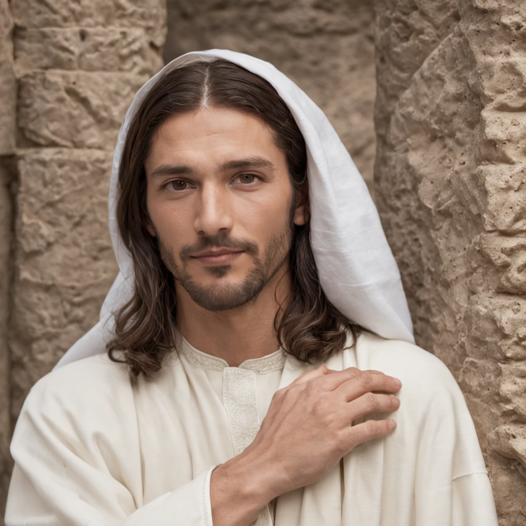 looking at camera,Pandora's Pastry Pub background, full face,Jesus of Nazareth is depicted in the image as a compassionate and gentle figure with shoulder-length, wavy brown hair cascading over his shoulders. His mesmerizing hazel eyes convey a profound sense of wisdom and empathy, radiating warmth and understanding. A serene smile graces his lips, illuminating his face with an otherworldly tranquility. He wears a simple, flowing robe of earthy tones, accentuated by intricate stitching along the edges, symbolizing humility and modesty. His outstretched arms bear the marks of crucifixion, reminding viewers of his ultimate sacrifice for humanity. The background reveals a serene landscape, bathed in a soft, ethereal glow, evoking a sense of divine presence. The image captures the essence of Jesus, portraying him as a beacon of love, forgiveness, and divine grace.((looking at camera))(extremely detailed face), (extremely ultradetailed eyes, extremely ultradetailed hair, extremely detailled