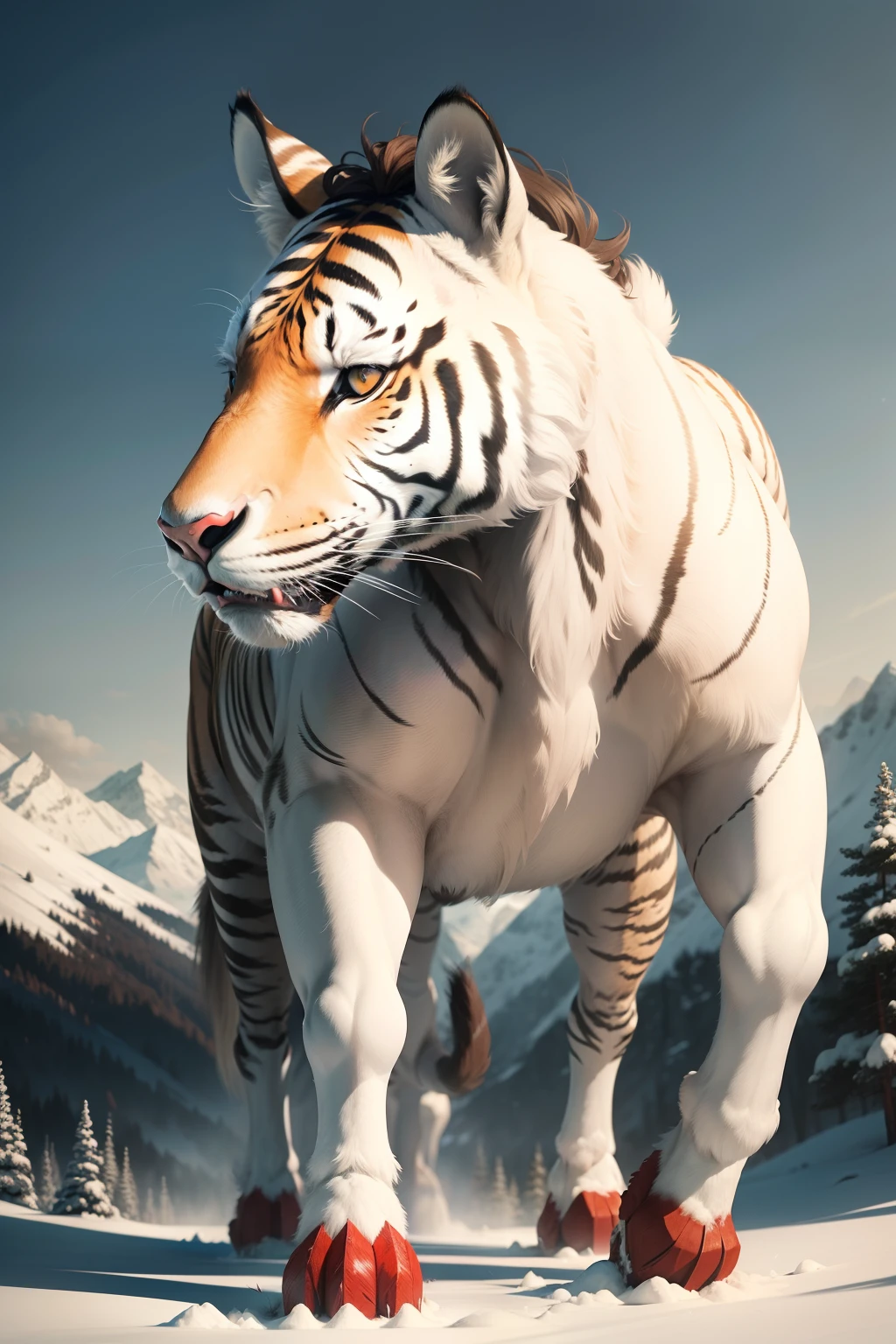 There is a beast in the mountains,Shaped like a horse,The head is like a deer,white colors,The body has a tiger-like pattern,And there are red tails