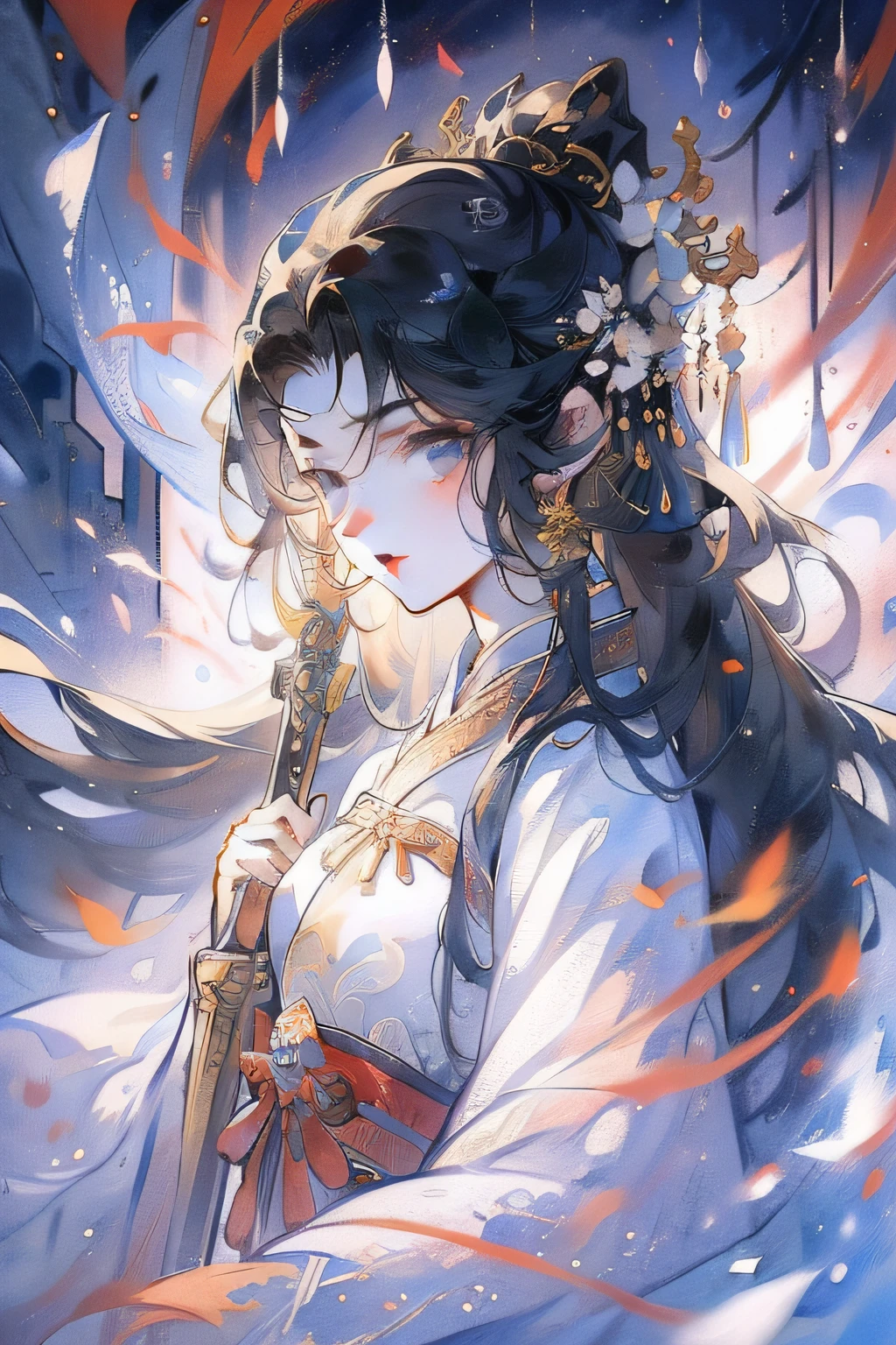 China-style,ink and watercolor painting,Hanfu,1girll ,standing on your feet,The clothes are black and white,long whitr hair,Handsome,swordsmen,the detail,closeup of face,k hd,ultraclear,color fill-in,color full