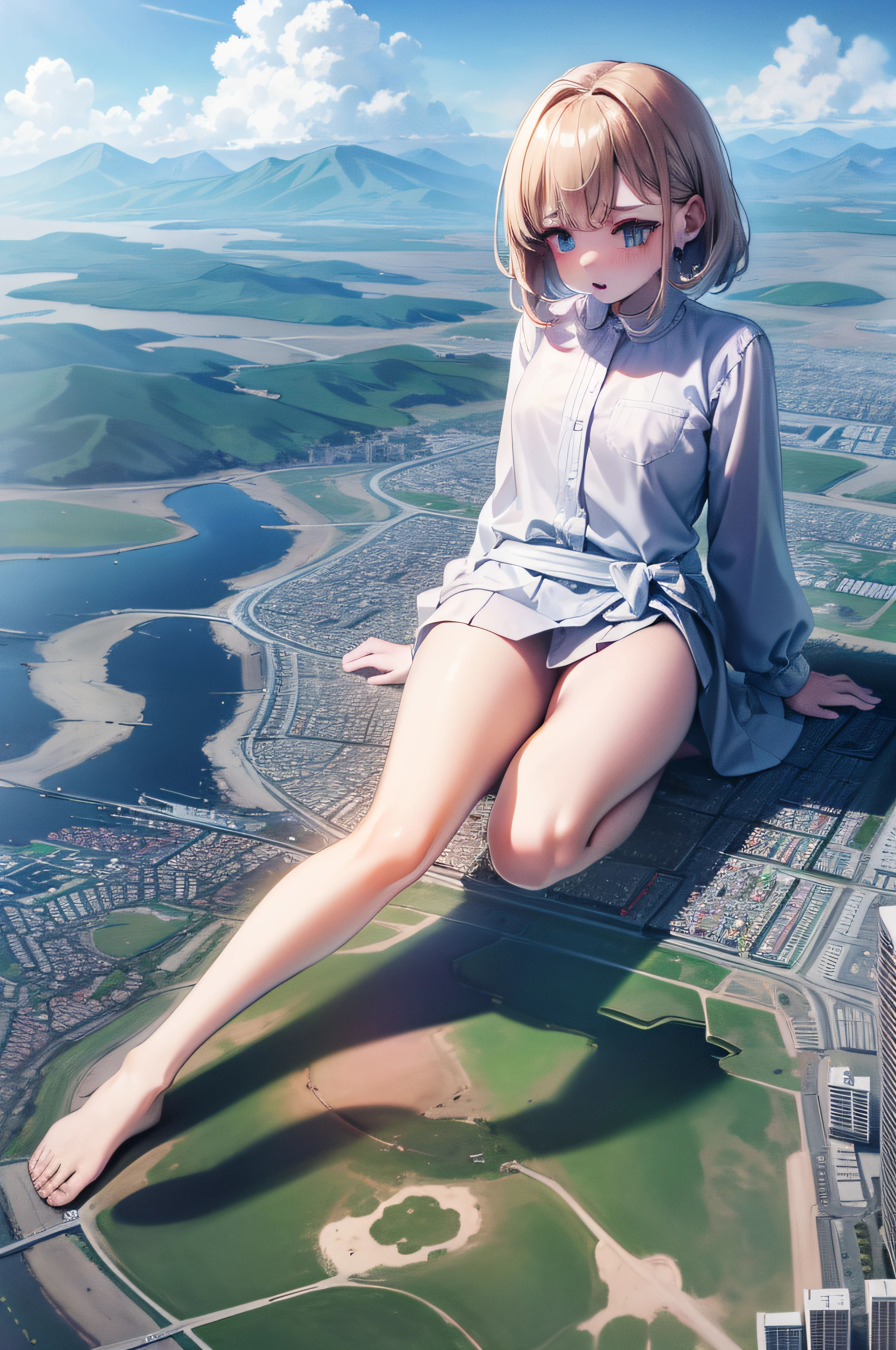 1 girl, sit on city, clouds, musty paired soles, shrunken city, cityscape, mountain ranges, 1/10000 scale, low angle, barefoot, GTSGiga, Looming, rumbling