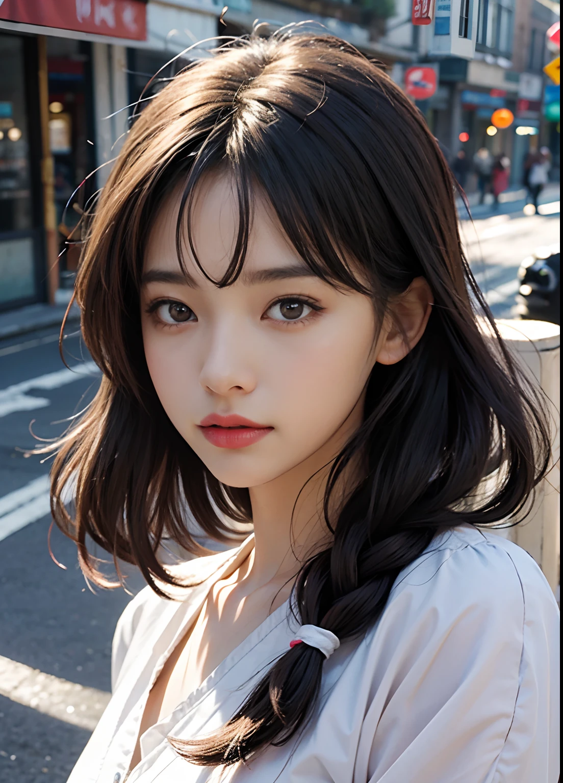 A close up of a woman with long hair standing on a street - SeaArt AI