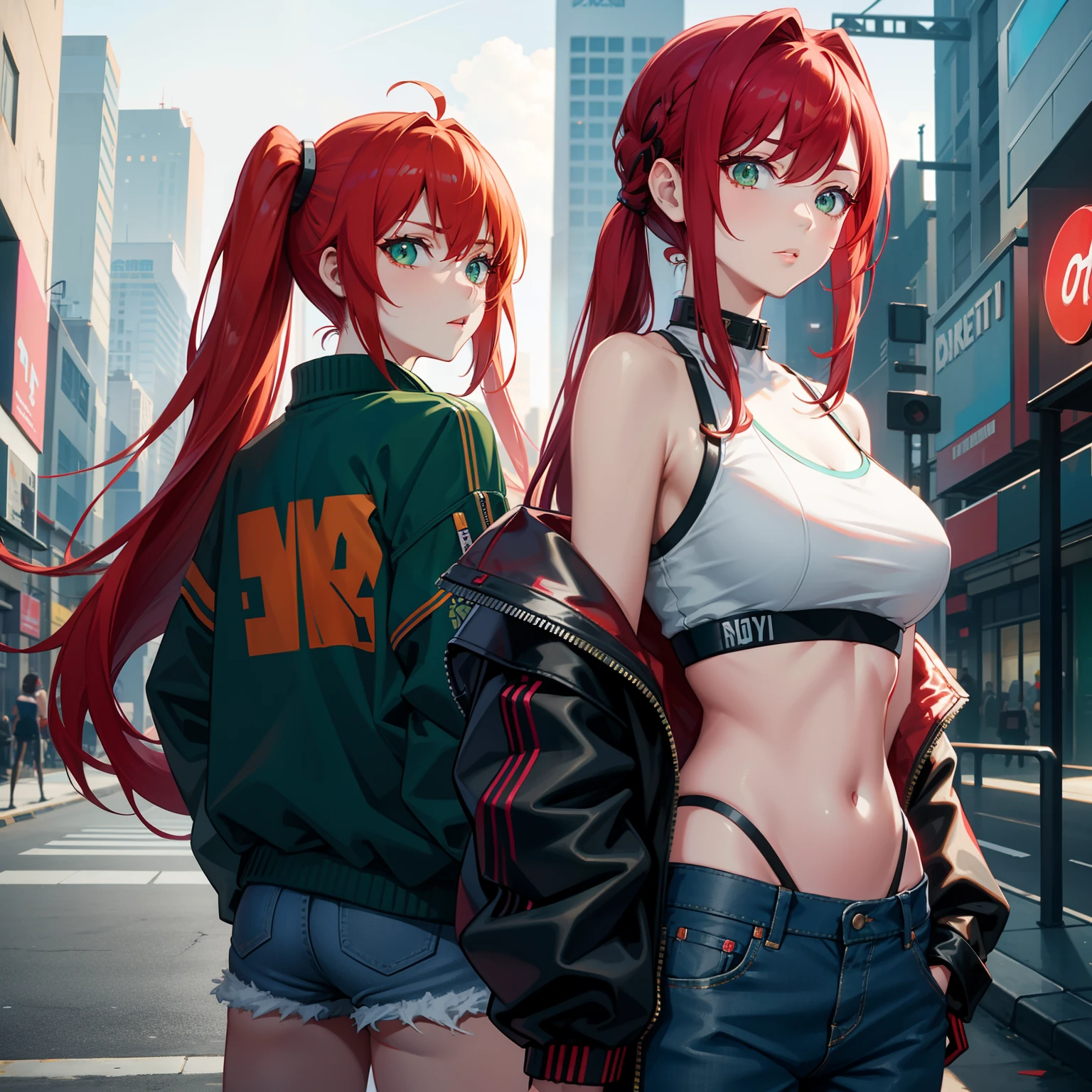 beautiful body, pretty face, 3 girls together, older girl, light red hair, eyes, shoulders, sweatshirt, legging pants, big chest, show belly, thin waist, thick legs, thick thighs, city Background, looking at the viewer