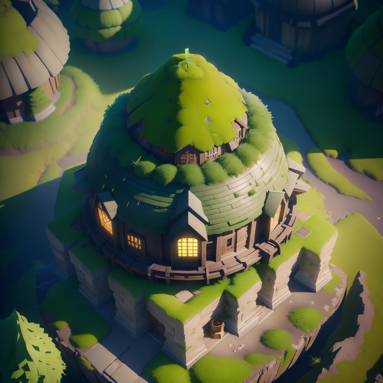 Isometric architecture，Masterpiece, Best quality, (Extremely detailed Cg Unity 8K wallpaper), (Best quality), (Best Illustration), (Best shadow), A round turnip hut covered with moss， Isometric 3D, rendering by octane,Ray tracing,Ultra detailed