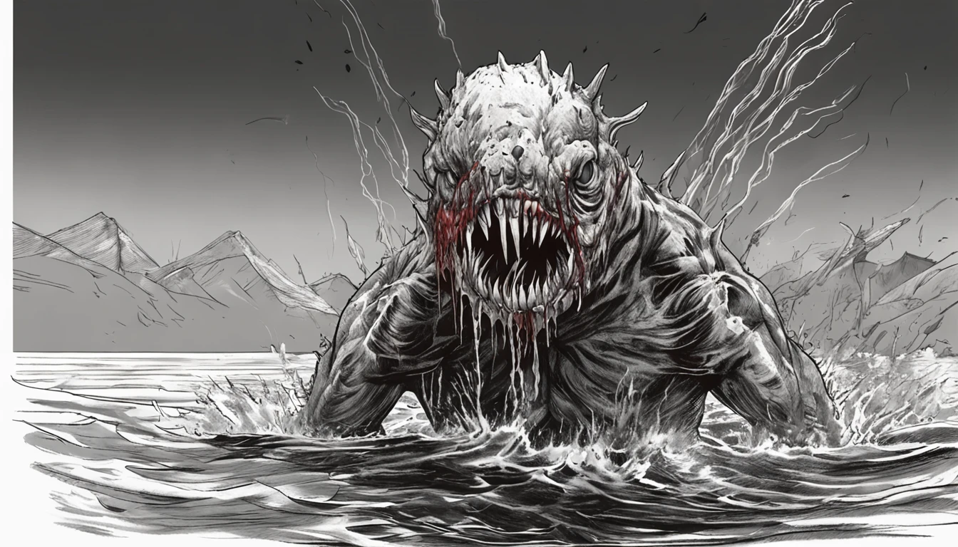 a drawing，It depicts a truly mutilated ocean mutant monster，Blood on his face，bleeding from head, massacre, Science fiction - the horror art of fiction, sci-fi horror artwork, inspired by Aleksi Briclot, Slaughtered fangs, horror fantasy art, author：Alexi Bricklot, horror concept art, venomize, Fantasy and horror art, Detailed illustration of 4K horror, demonic creature, dark fantasy horror art，Prehistoric monsters, Godzilla, standing in ocean, A MILF, Gigantic body, Golden proportions, (The upper body is on the surface of the sea), (The lower body is below the surface of the sea:1.2), (Super scary:1.1), The monster has a bomb stuck in its back：2.6, [:(The facial details are frightening:1.2):0.2]:full bodyesbian，standing on your feet