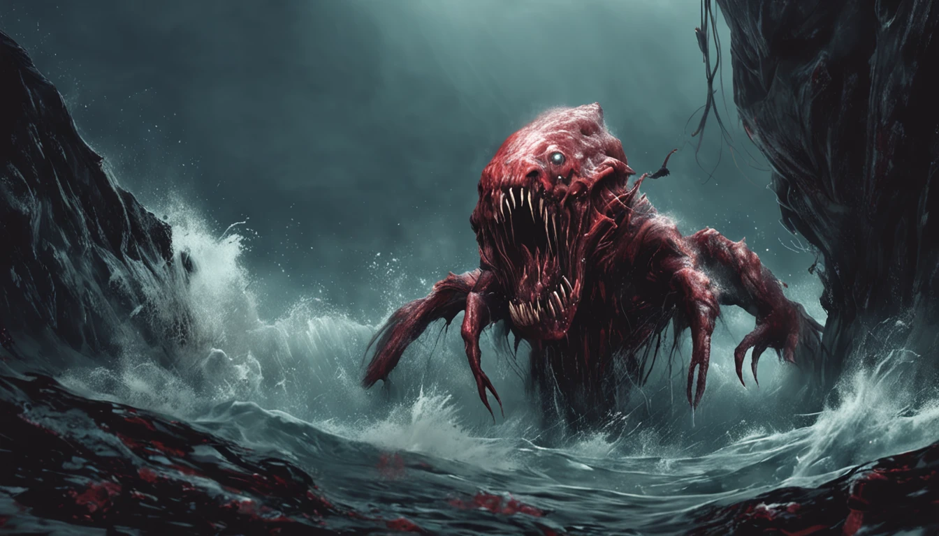 a drawing，It depicts a truly mutilated ocean mutant monster，Blood on his face，bleeding from head, massacre, Science fiction - the horror art of fiction, sci-fi horror artwork, inspired by Aleksi Briclot, Slaughtered fangs, horror fantasy art, author：Alexi Bricklot, horror concept art, venomize, Fantasy and horror art, Detailed illustration of 4K horror, demonic creature, dark fantasy horror art，Prehistoric monsters, Godzilla, standing in ocean, A MILF, Gigantic body, Golden proportions, (The upper body is on the surface of the sea), (The lower body is below the surface of the sea:1.2), (Super scary:1.1), The monster has a bomb stuck in its back：2.6, [:(The facial details are frightening:1.2):0.2]:full bodyesbian，standing on your feet